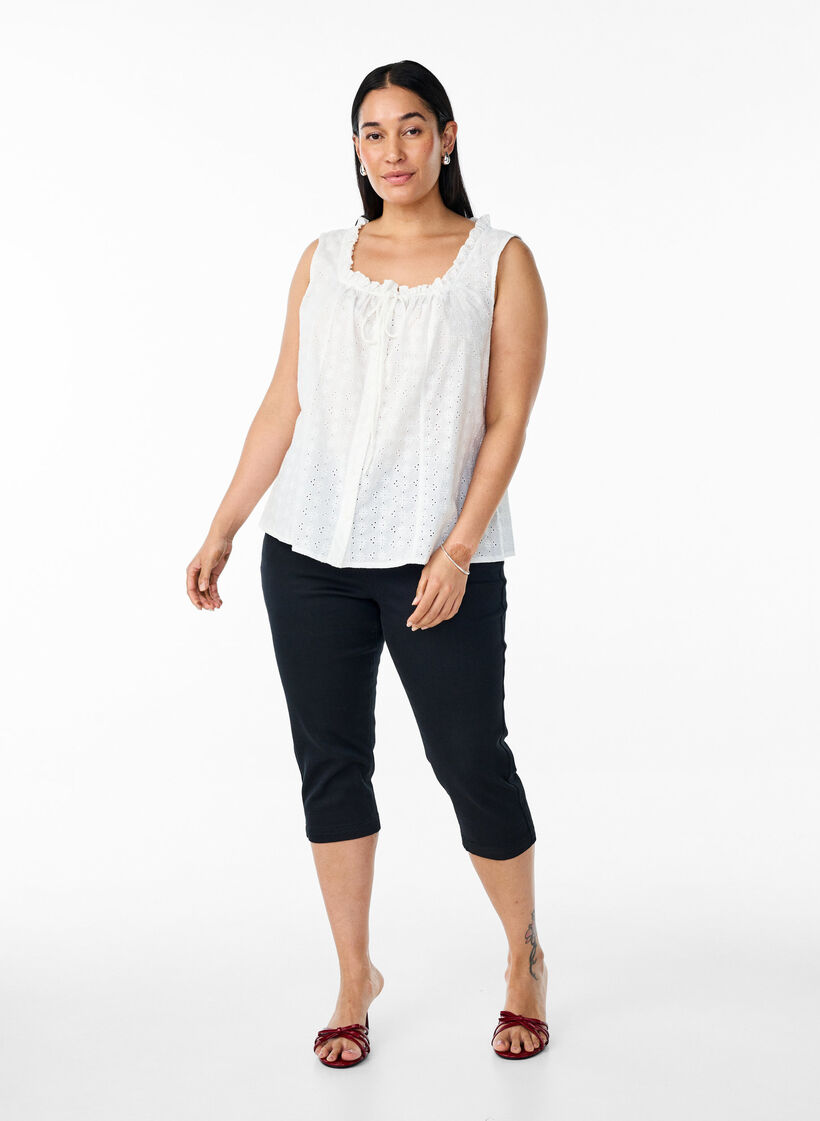 Chemisier sans manches avec broderie anglaise et volants, Vanille, Model image number 1