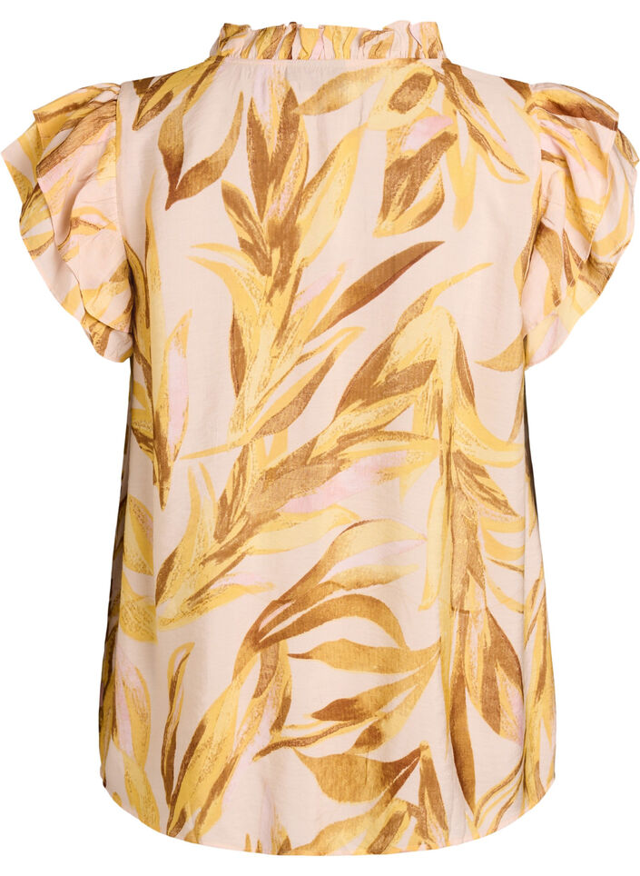 Blouse en viscose &agrave; imprim&eacute; feuillage avec volants, Jaune, Packshot image number 1