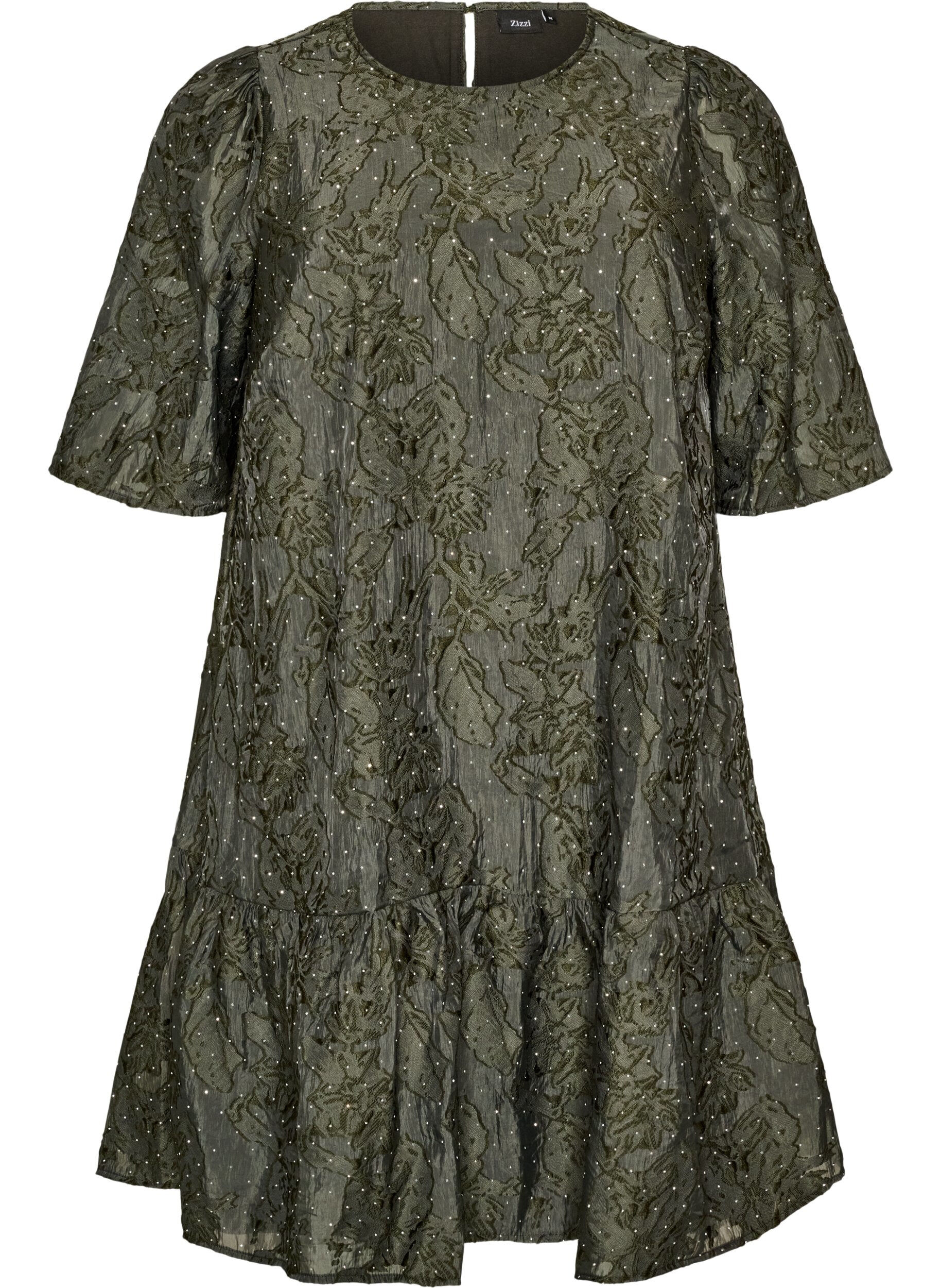 Robe jacquard avec des d&eacute;tails scintillants et des manches bouffantes