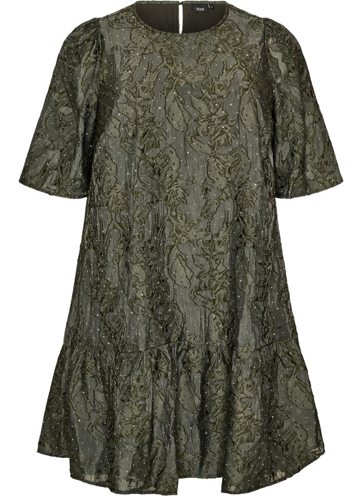 Jacquardkleid mit funkelnden Details und Puff&auml;rmeln, Gr&uuml;n, Packshot image number 0