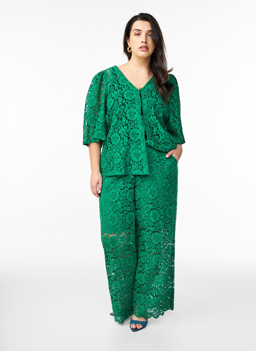 Pantalon taille haute en dentelle et avec des poches, Vert, Model image number 0