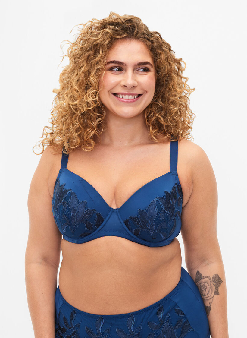 Soutien-gorge à armatures rembourré avec de la dentelle, Bleu, Model image number 0