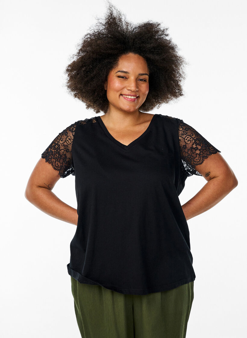 T-shirt en coton à manches courtes en dentelle, Noir, Model image number 0