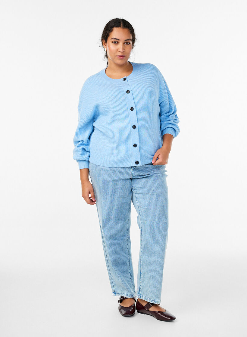 Rippenstrick Strickjacke mit Kn&ouml;pfen, Blau, Model image number 1