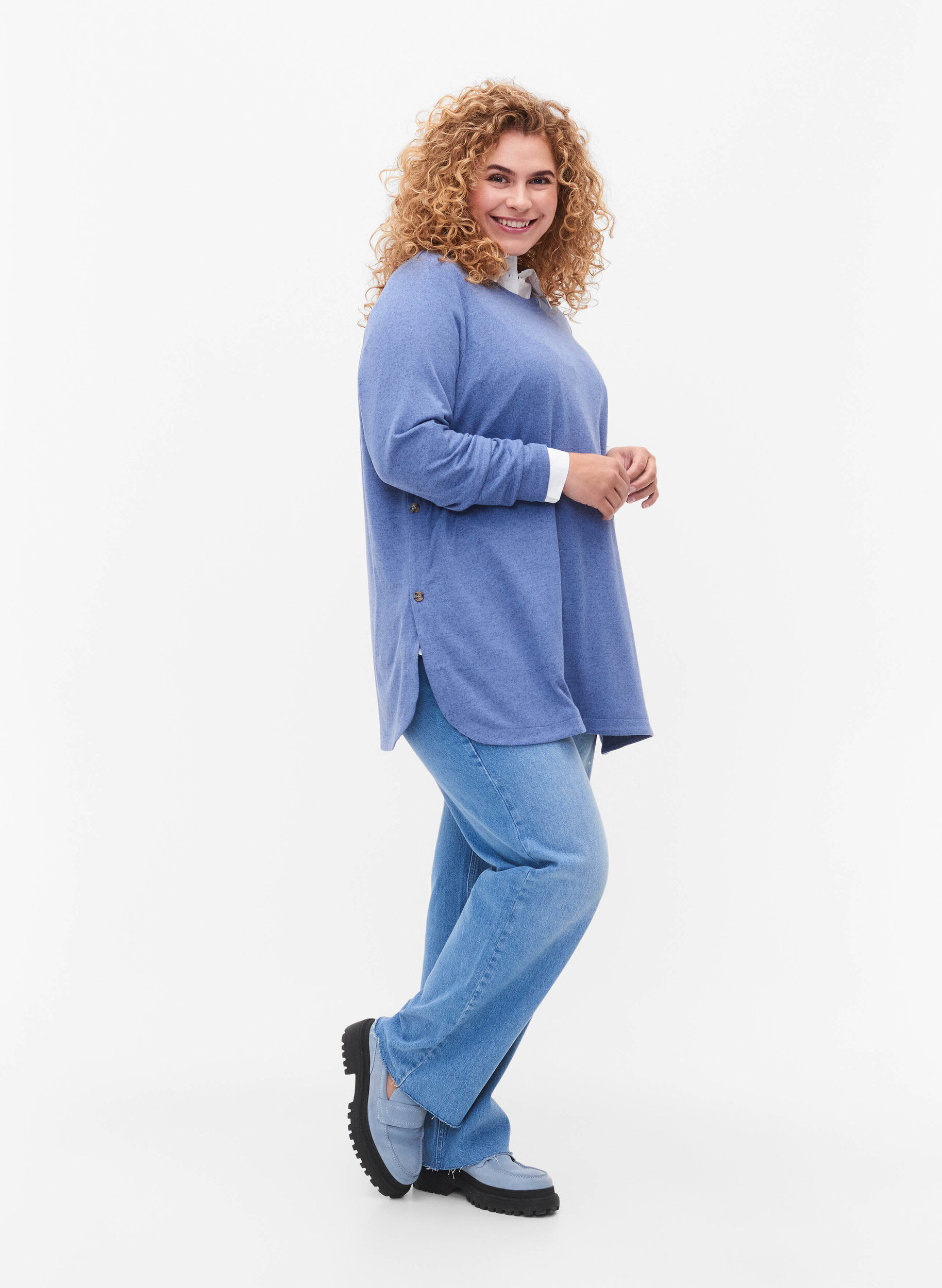 Zizzi Melange bluse mit Kn&ouml;pfen, Colony Blue Melange, Model image number 2