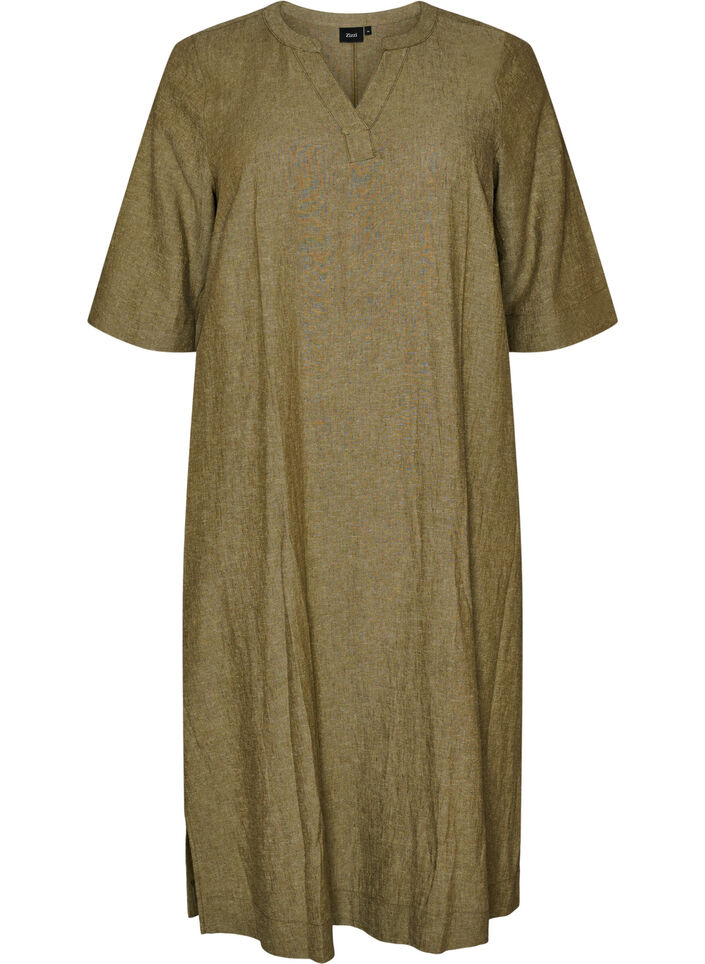Midikleid aus Leinen und Viskose mit 1/2-&Auml;rmeln, Gr&uuml;n, Packshot image number 0