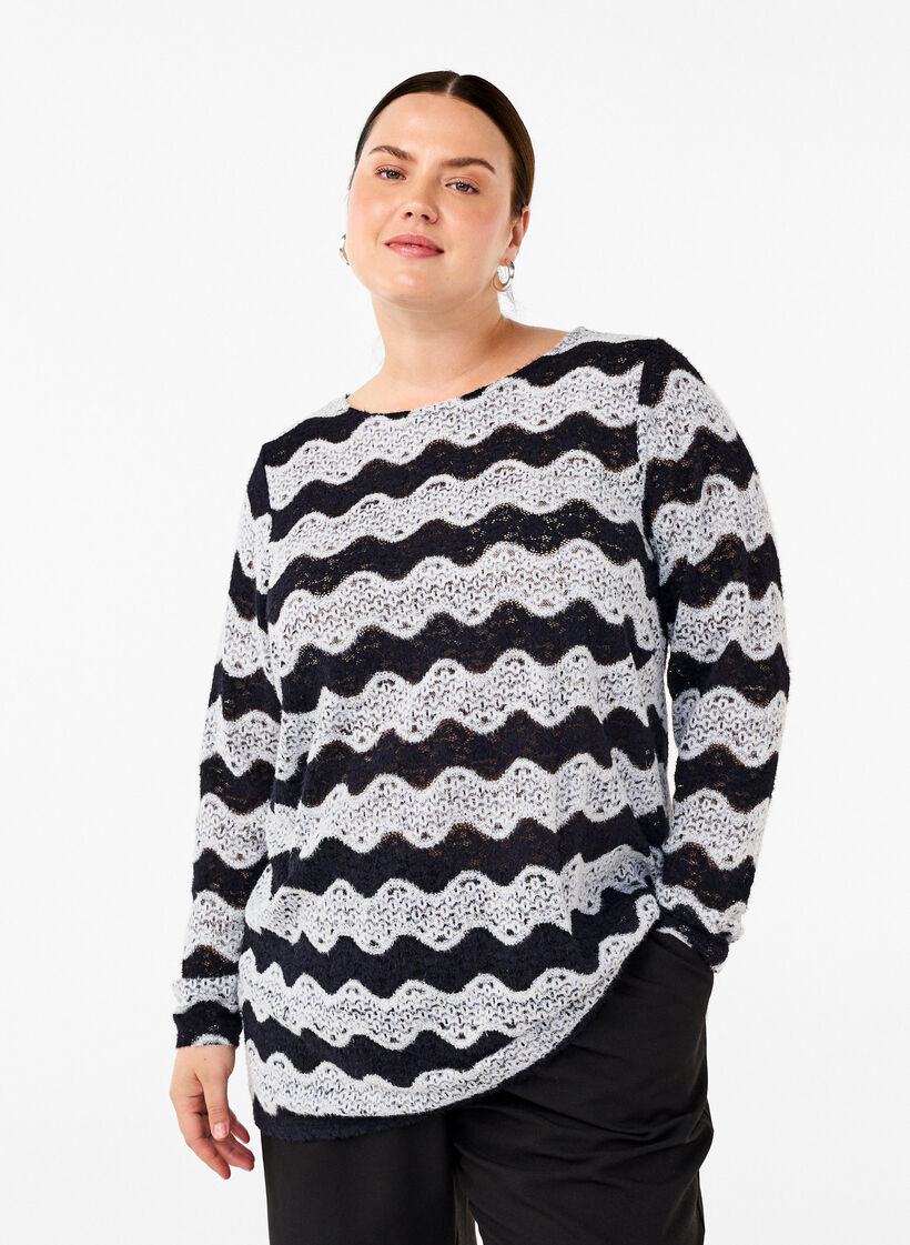 Chemisier en tricot avec un motif de vague, Black Stripe, Model image number 0