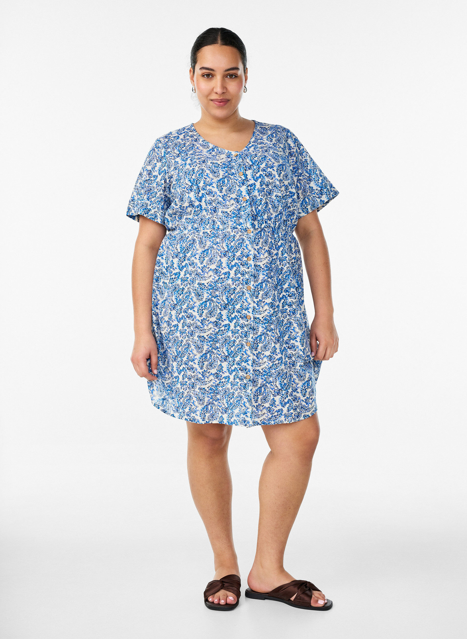 ZizziKurzes Kleid aus Baumwolle mit Blumenprint, Blau, Model image number 1