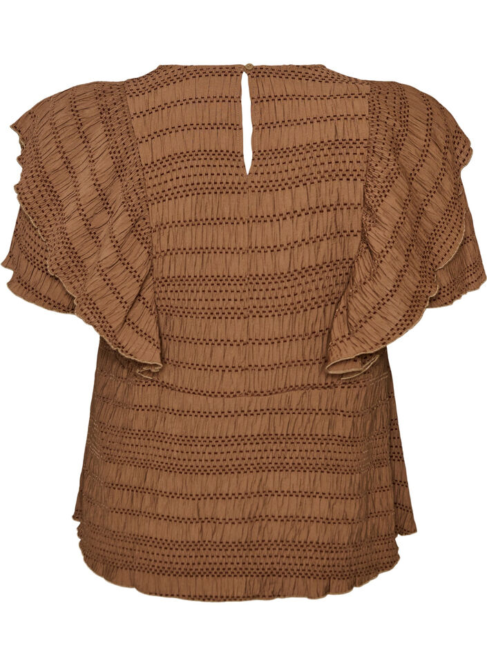 Blouse avec texture smock&eacute;e et manches &agrave; volants, Marron, Packshot image number 1