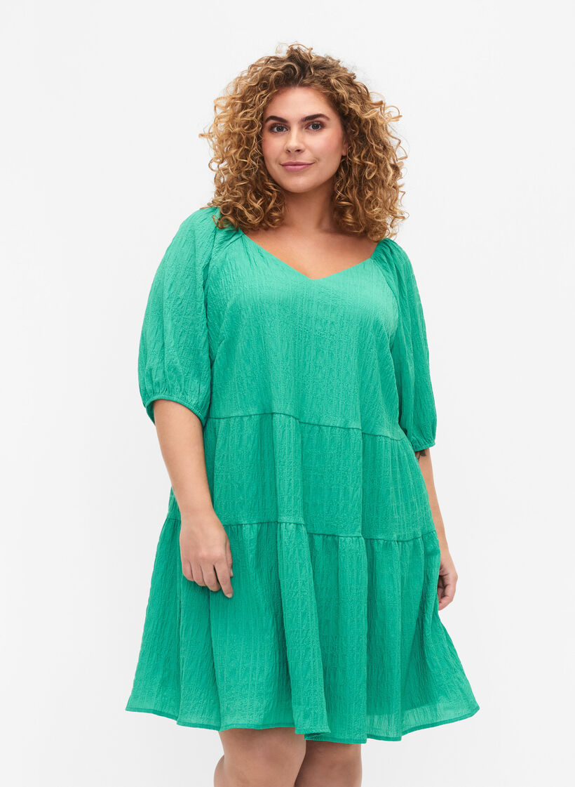 A-förmiges kurzes Kleid mit V-Ausschnitt, Deep Mint, Model image number 0
