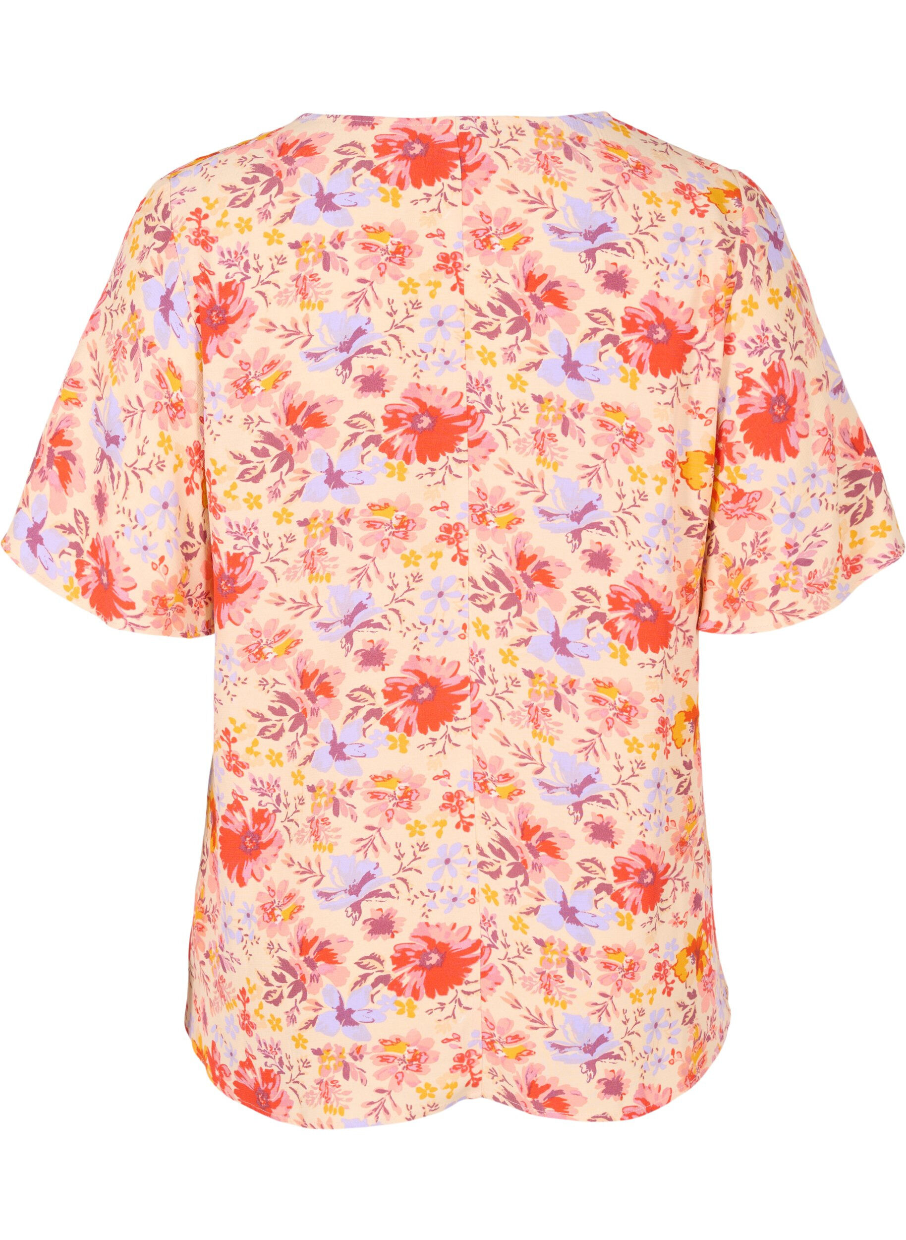 Zizzi Kurz&auml;rmelige Viskosebluse mit Blumendruck, Red Orange AOP, Packshot image number 1