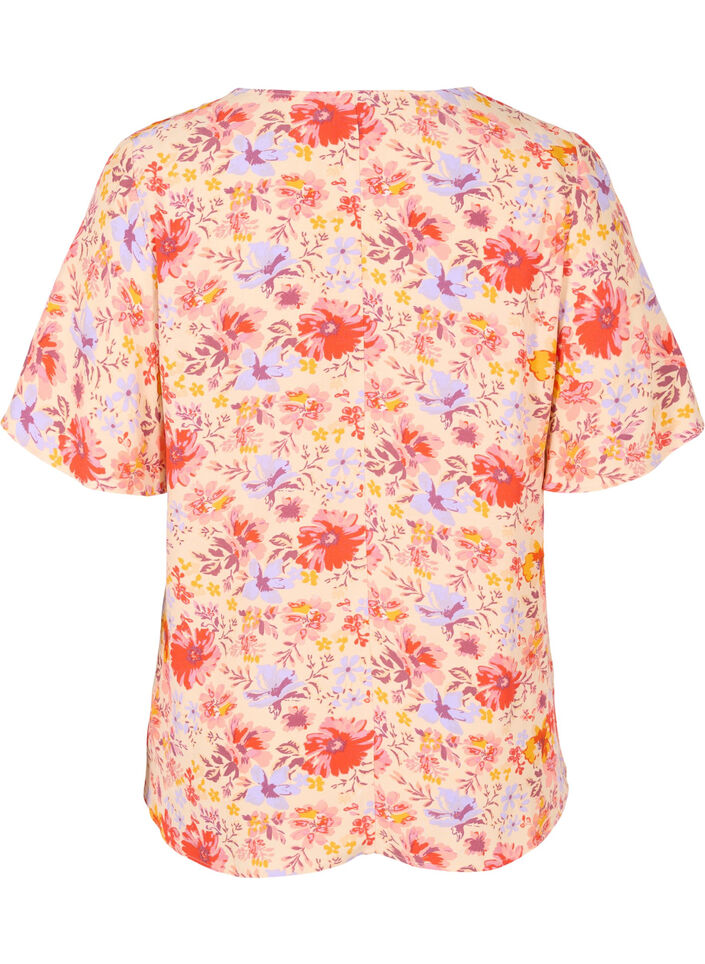 Kurzärmelige Viskosebluse mit Blumendruck, Red Orange AOP, Packshot image number 1