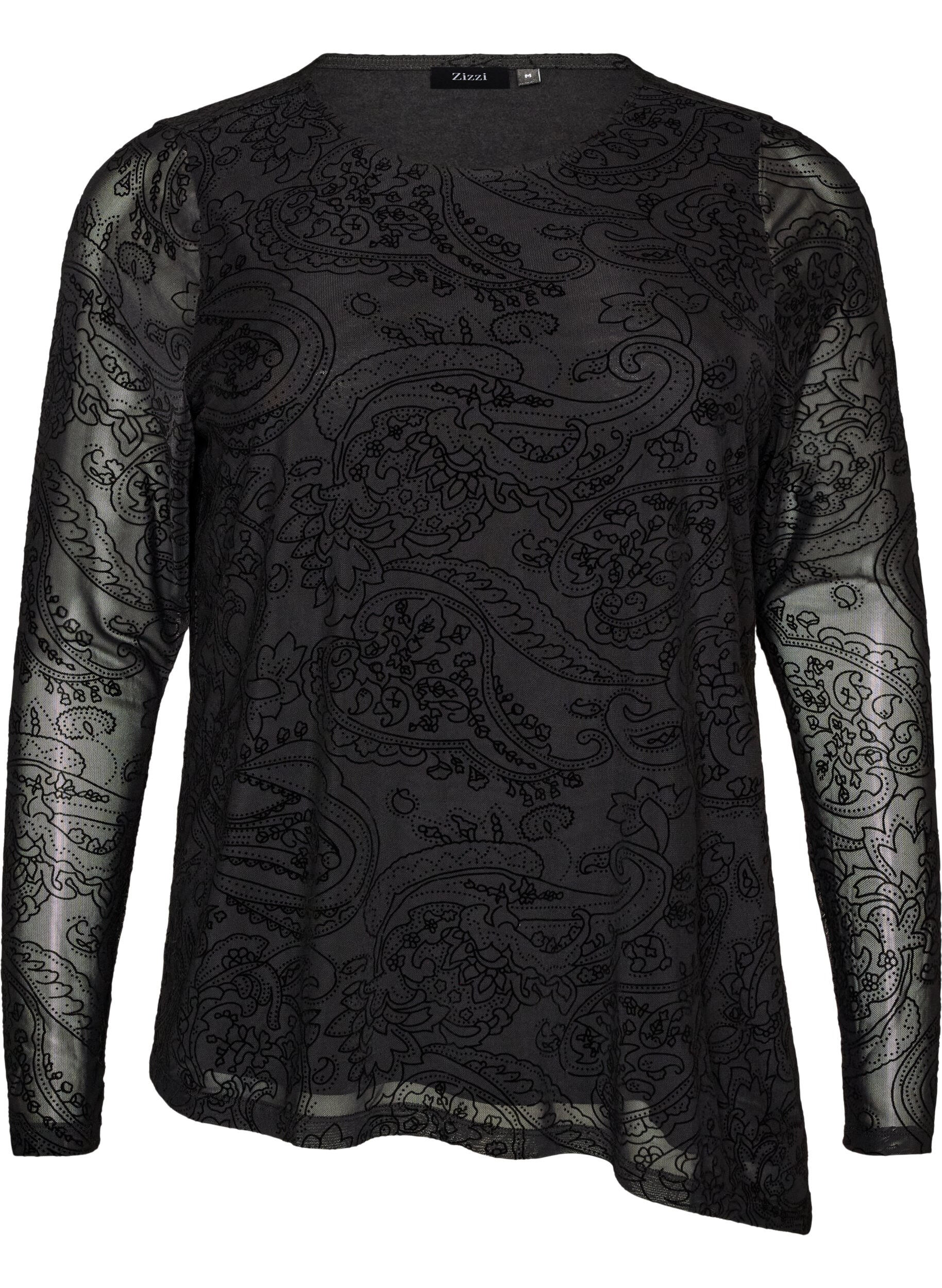 Mesh-Bluse mit Paisley-Print und asymmetrischem Saum