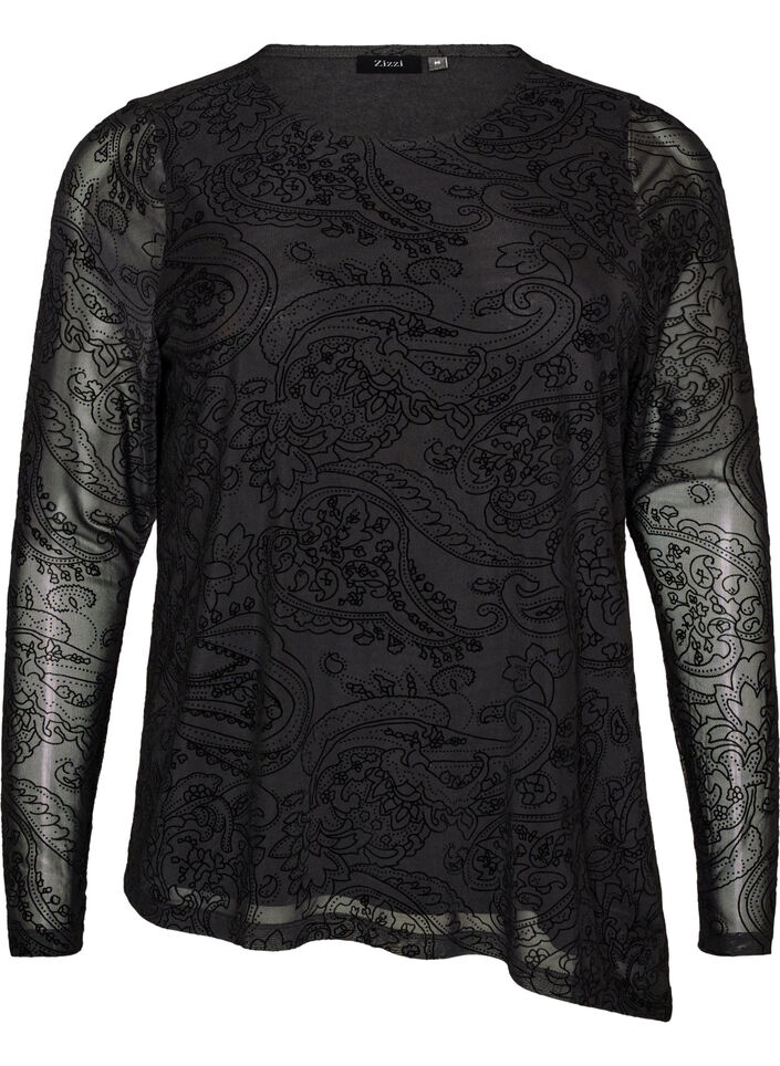 Mesh-Bluse mit Paisley-Print und asymmetrischem Saum, Schwarz, Packshot image number 0