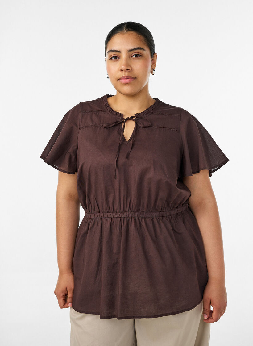 Baumwollbluse mit Bindeband und elastischer Taille, Braun, Model image number 0