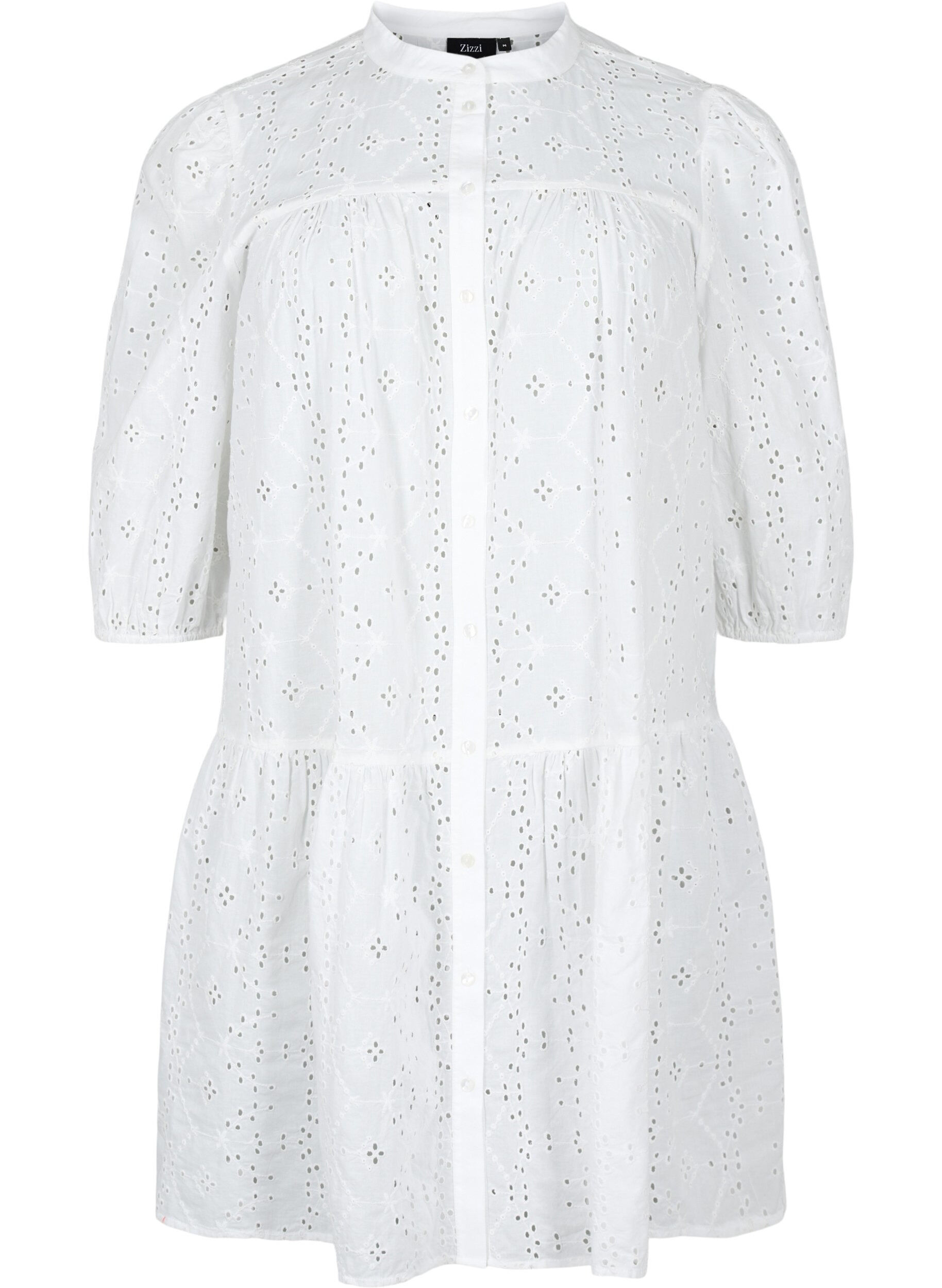 Zizzi Hemdblusenkleid aus Baumwolle mit Lochstickerei, Bright White, Packshot image number 0