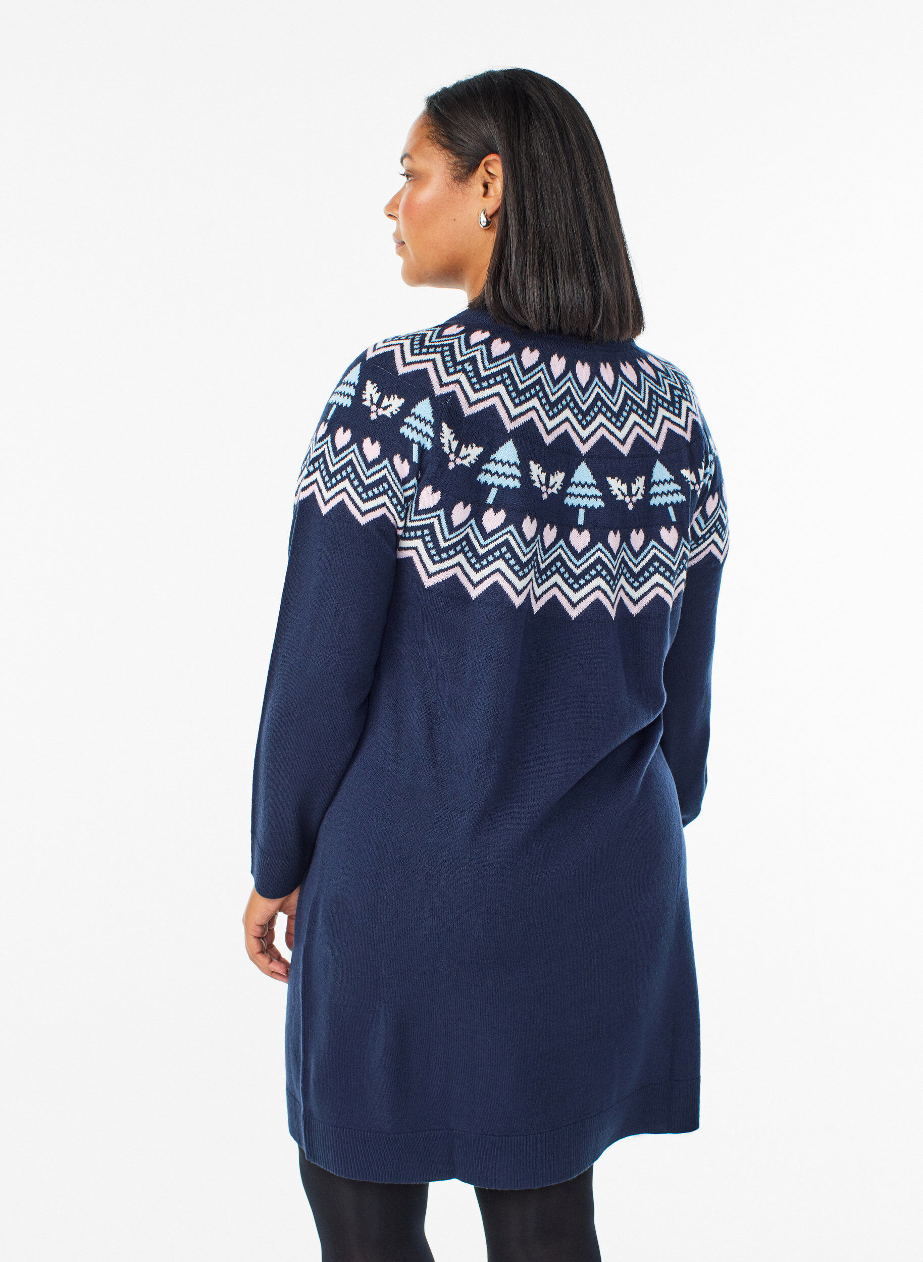 Zizzi Kurzes Strickkleid mit Jacquardmuster und weihnachtlichen Motiven, Blau, Model image number 2