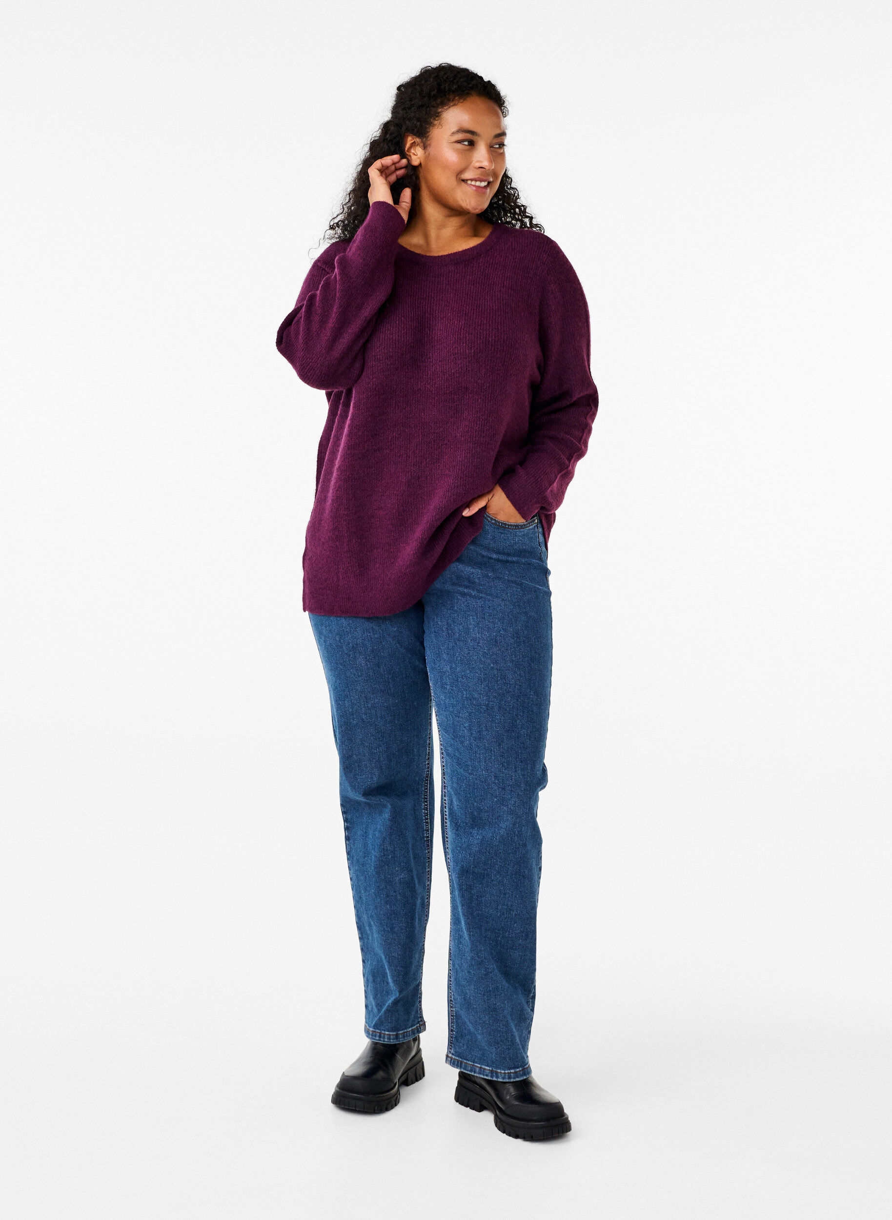 Zizzi Melange-Pullover mit Rundhalsausschnitt, Potent Purple Mel., Model image number 2