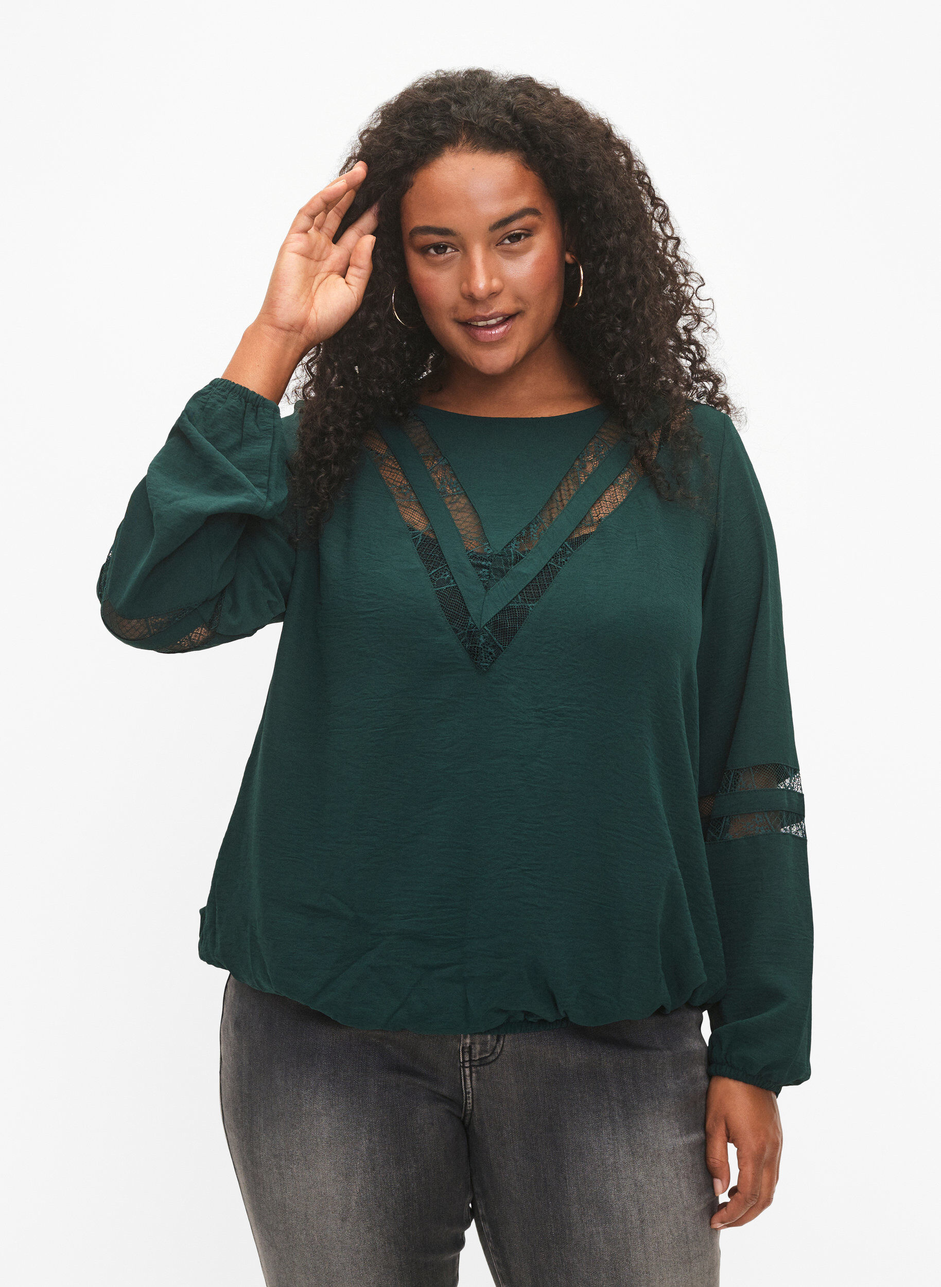 Zizzi  Langarm-Bluse mit Spitze, Scarab, Model image number 0