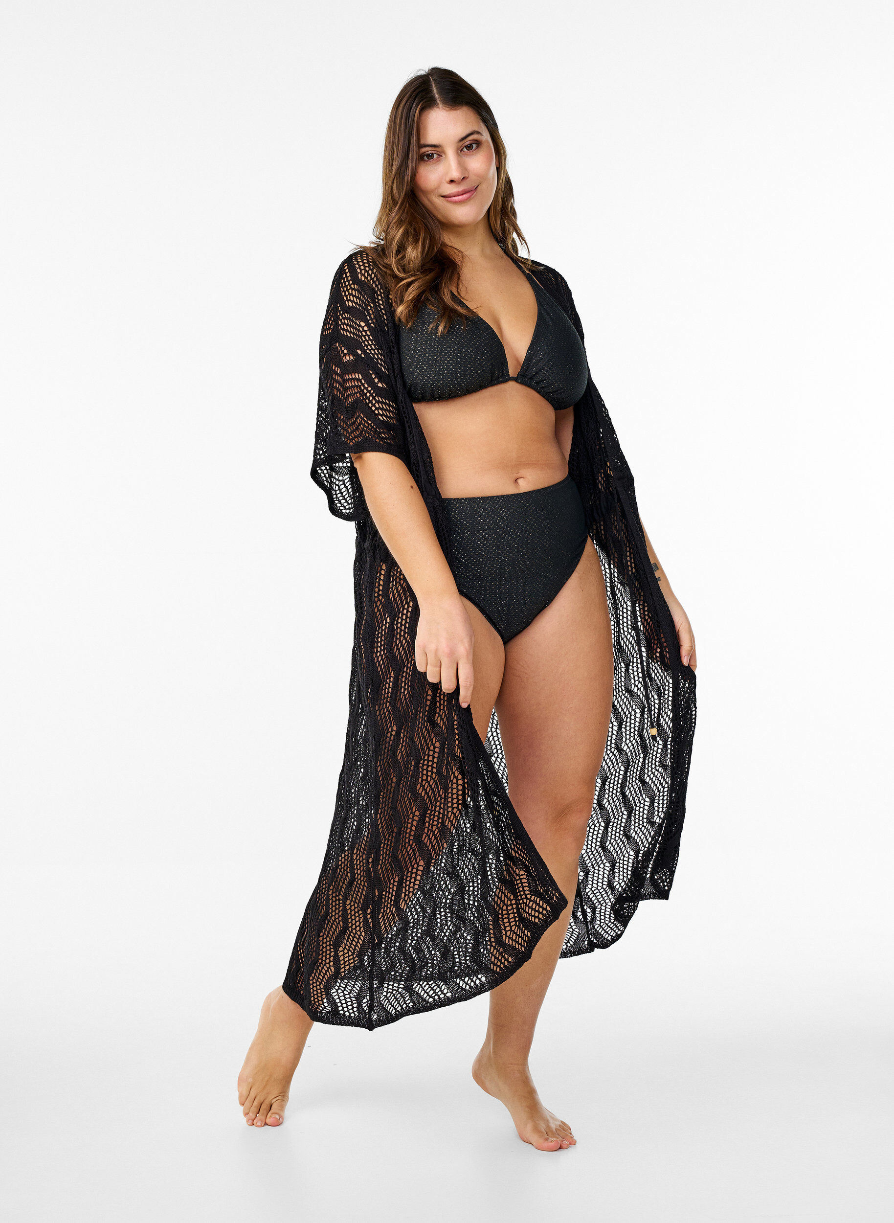 Zizzi Strandkimono mit Bindeg&uuml;rtel, Schwarz, Model image number 0