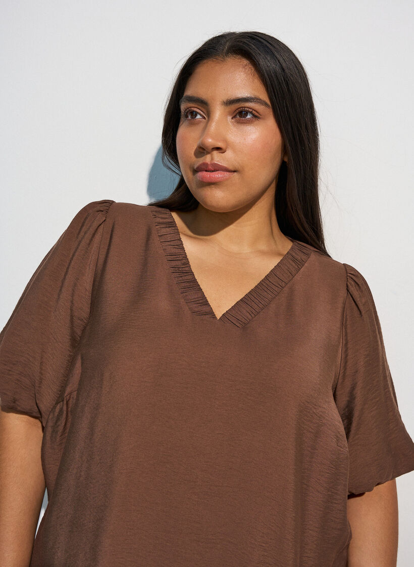 Bluse mit Ballon&auml;rmeln und V-Ausschnitt, Braun, Model image number 3