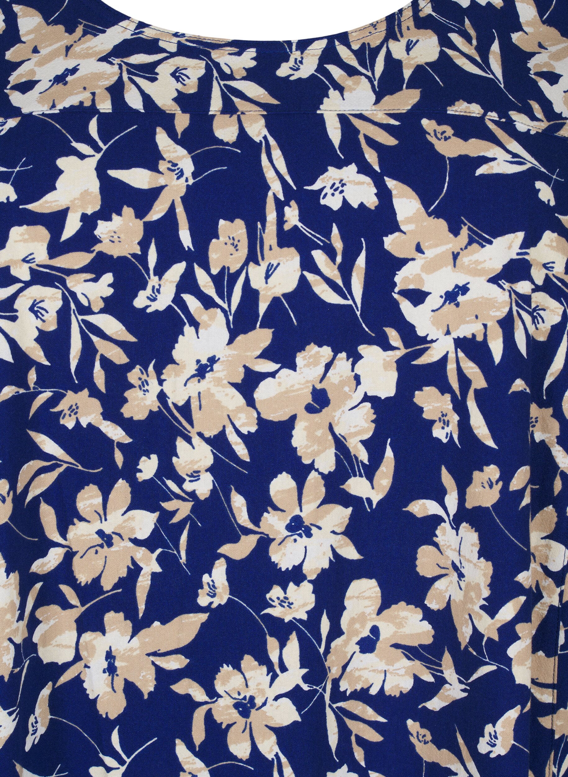 Zizzi Kurz&auml;rmliges Baumwollkleid mit Blumenaufdruck, Blau, Packshot image number 2