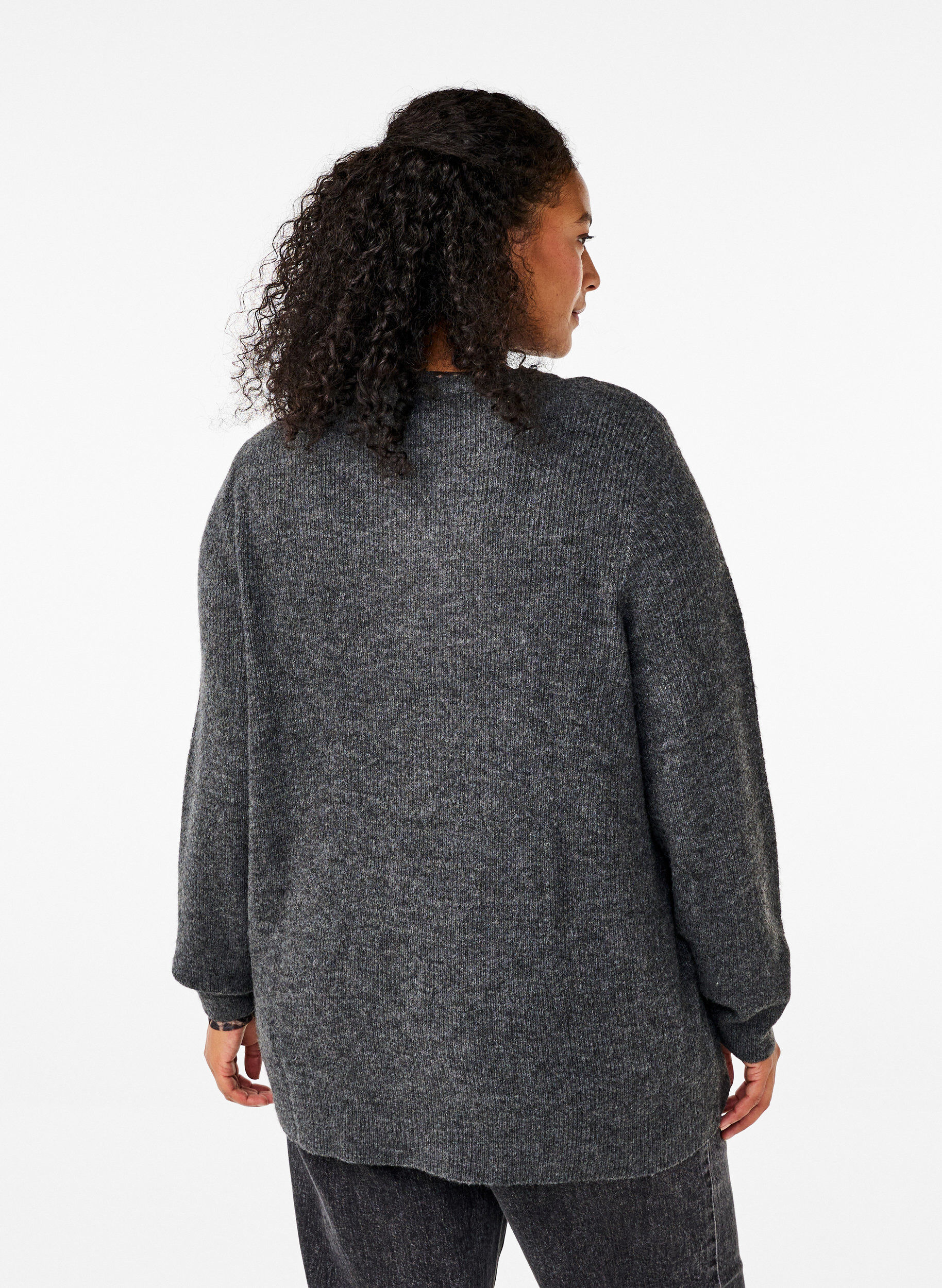 Zizzi Pull m&eacute;lang&eacute; &agrave; col rond, Dark Grey Black Mel., Model image number 1