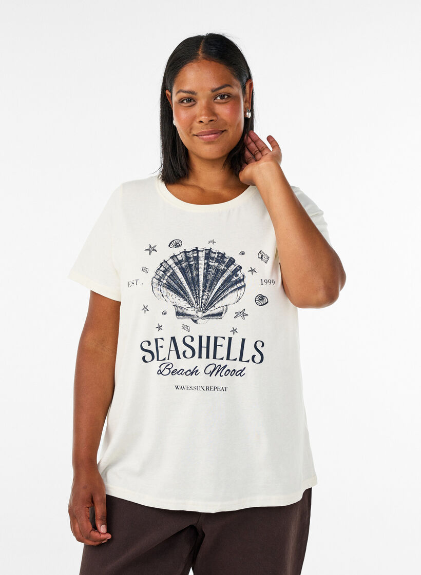 T-shirt en coton avec imprim&eacute;, Vanille, Model image number 0