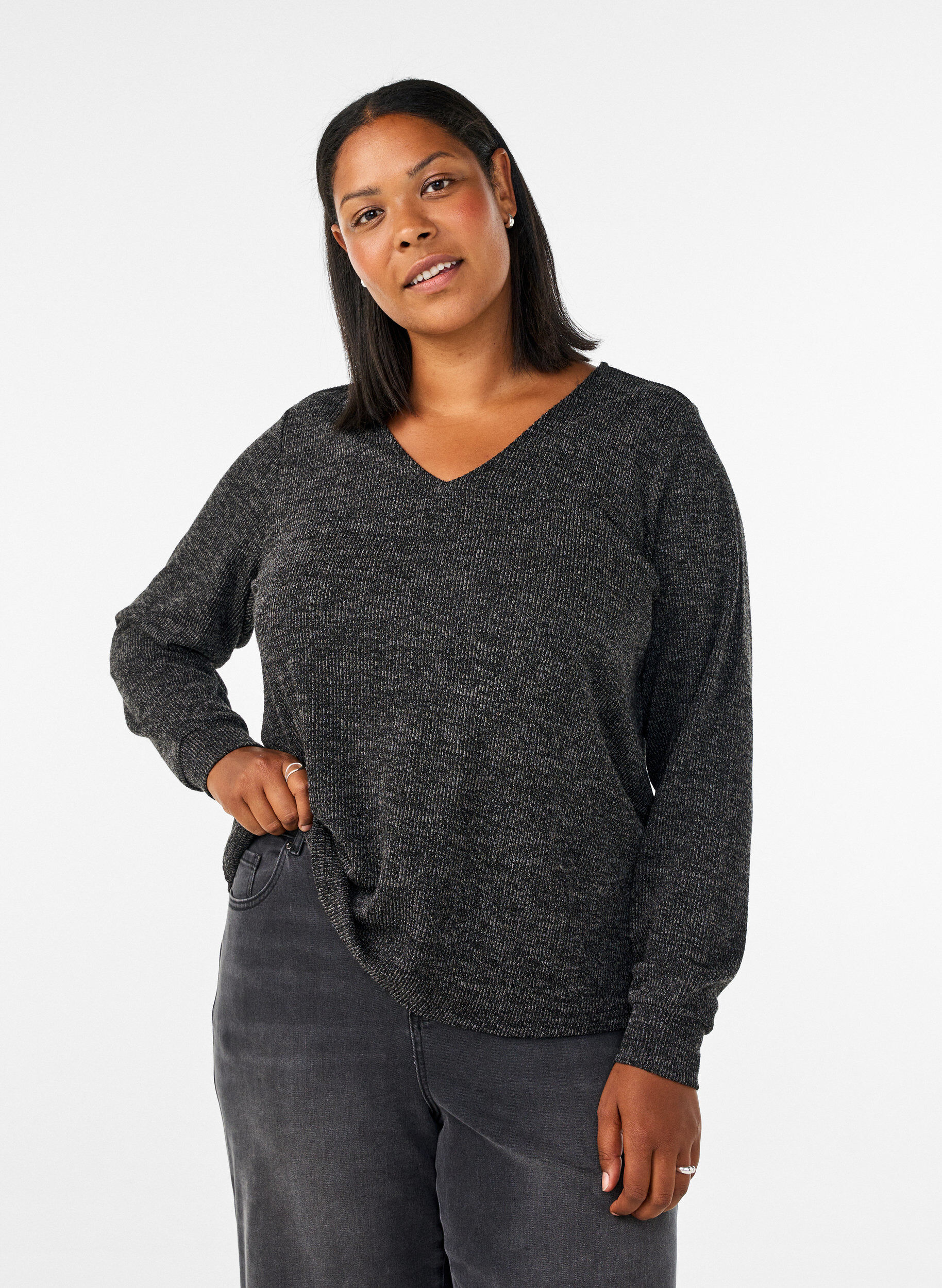 ZizziBluse aus Jersey mit V-Ausschnitt und langen &Auml;rmeln, Schwarz, Model image number 0