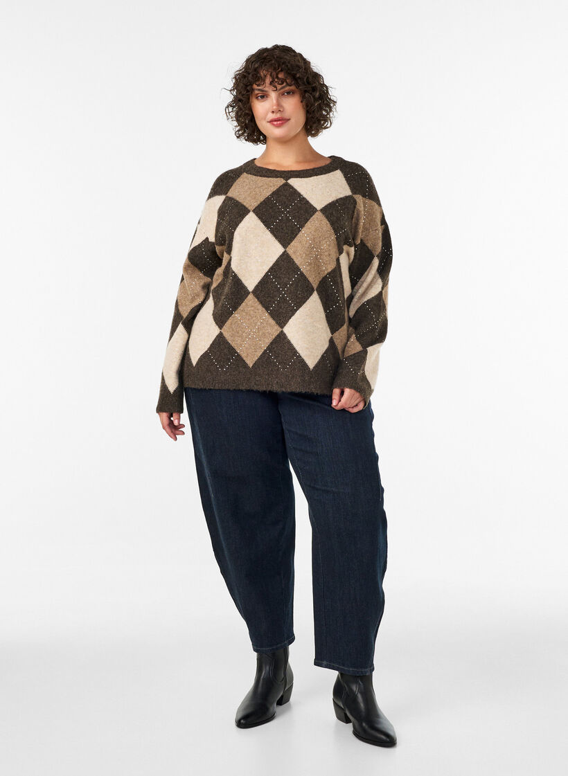 Haut en maille avec motif losanges et strass, Marron, Model image number 1