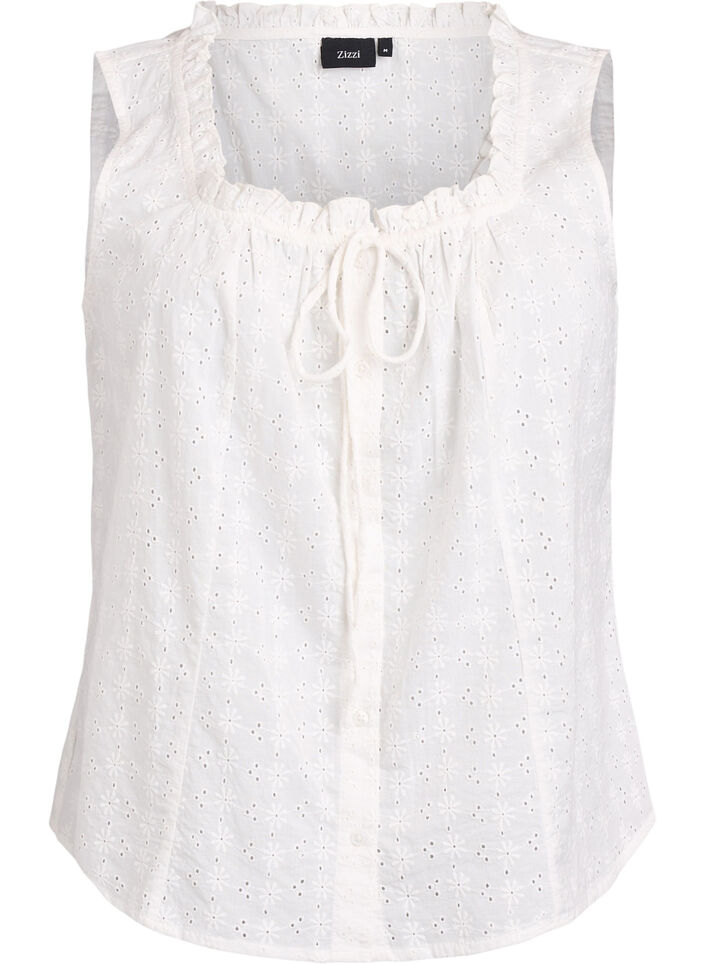 Chemisier sans manches avec broderie anglaise et volants, Vanille, Packshot image number 0