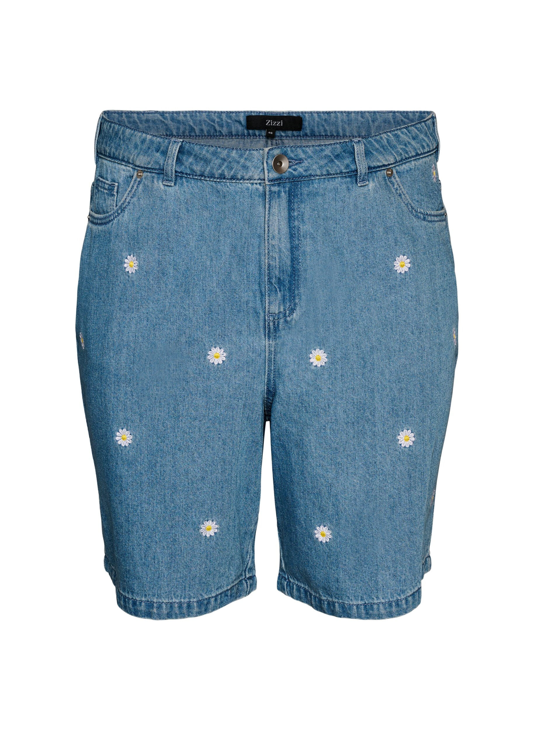 Zizzi Hoch taillierte Jeansshorts mit gebl&uuml;mter Stickerei, Blau, Packshot image number 0