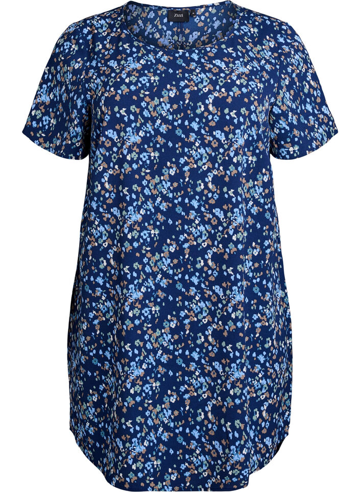Kleid mit Aufdruck und kurzen Ärmeln, Blau, Packshot image number 0