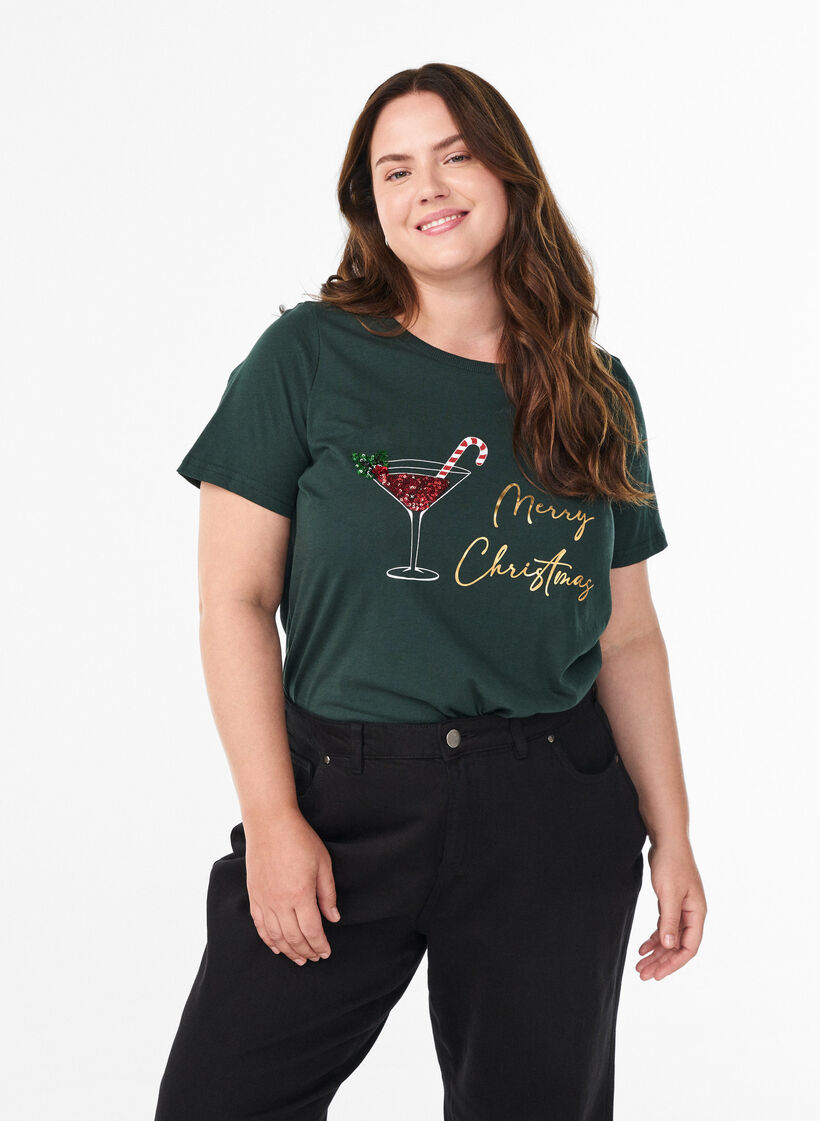 T-shirt de No&euml;l en coton bio, Vert fonc&eacute;, Model image number 0