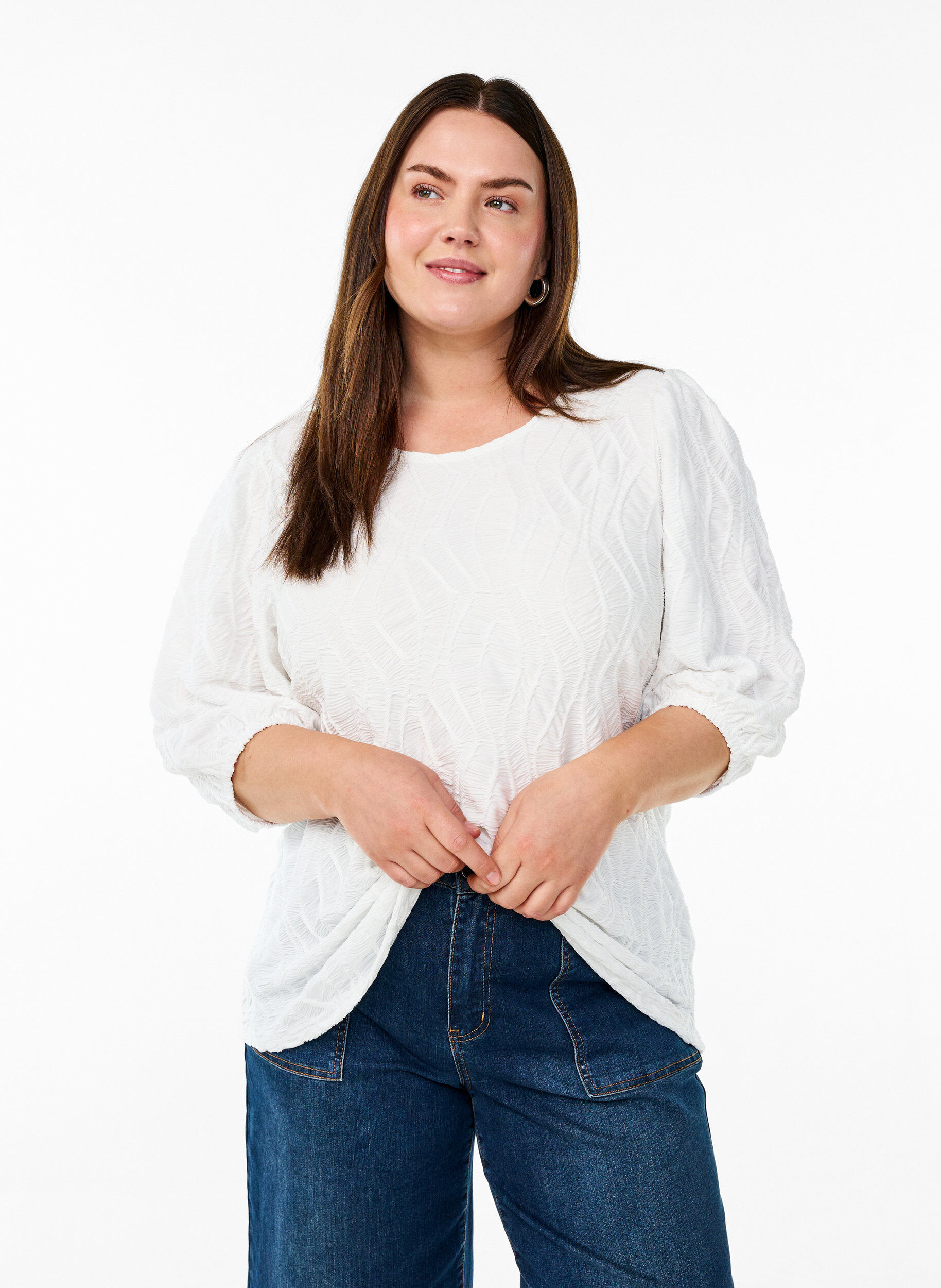Bluse mit Struktur und 3/4-&Auml;rmeln, Wei&szlig;, Model