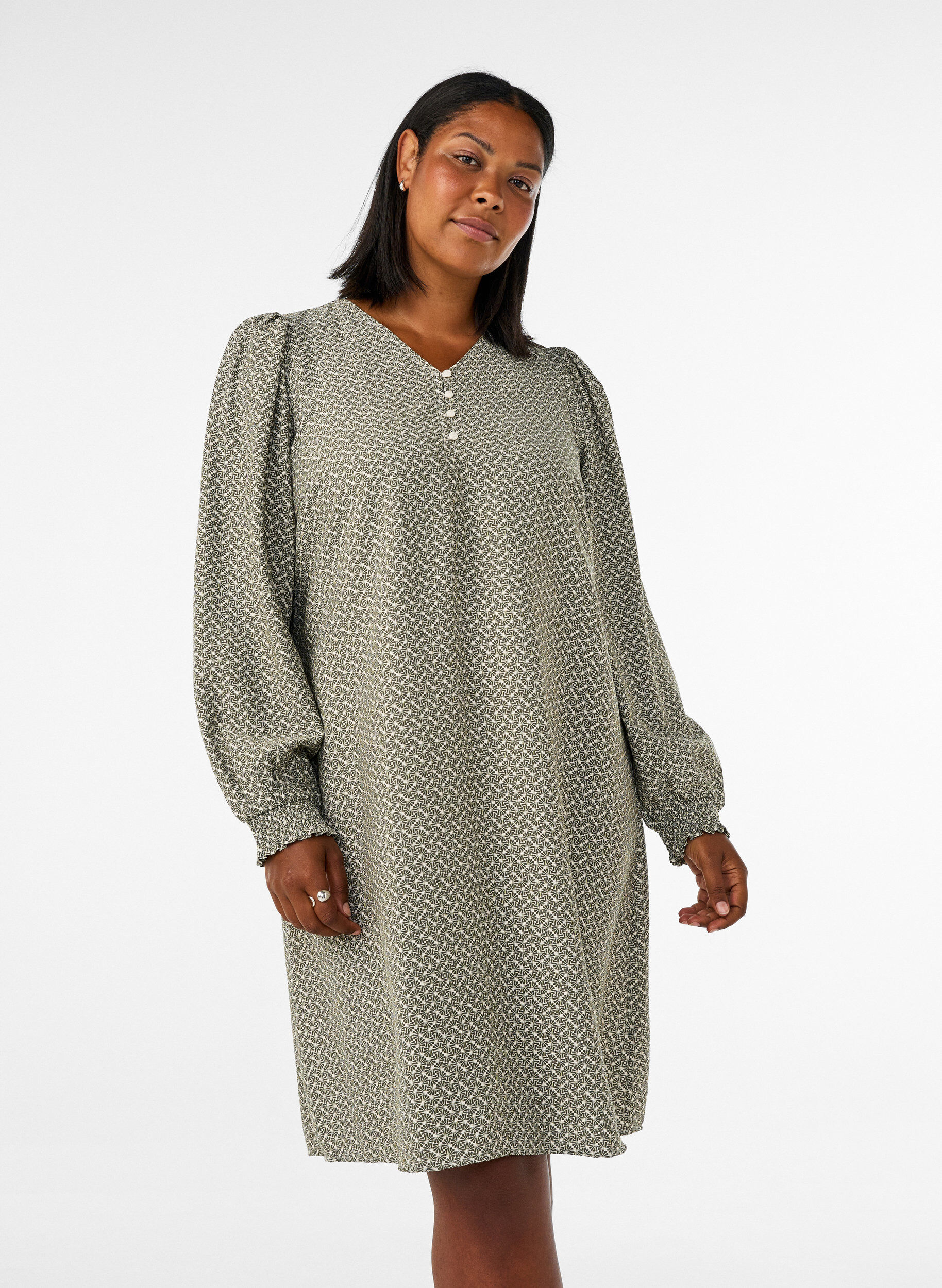 ZizziGemustertes Kleid aus Viskose mit langen &Auml;rmeln, Gr&uuml;n, Model image number 0