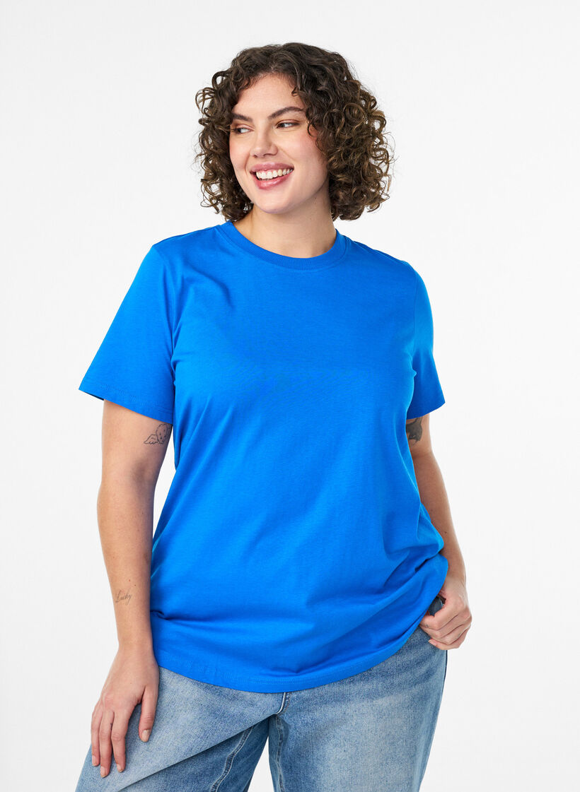 T-shirt basique en coton &agrave; col rond, Bleu, Model image number 0