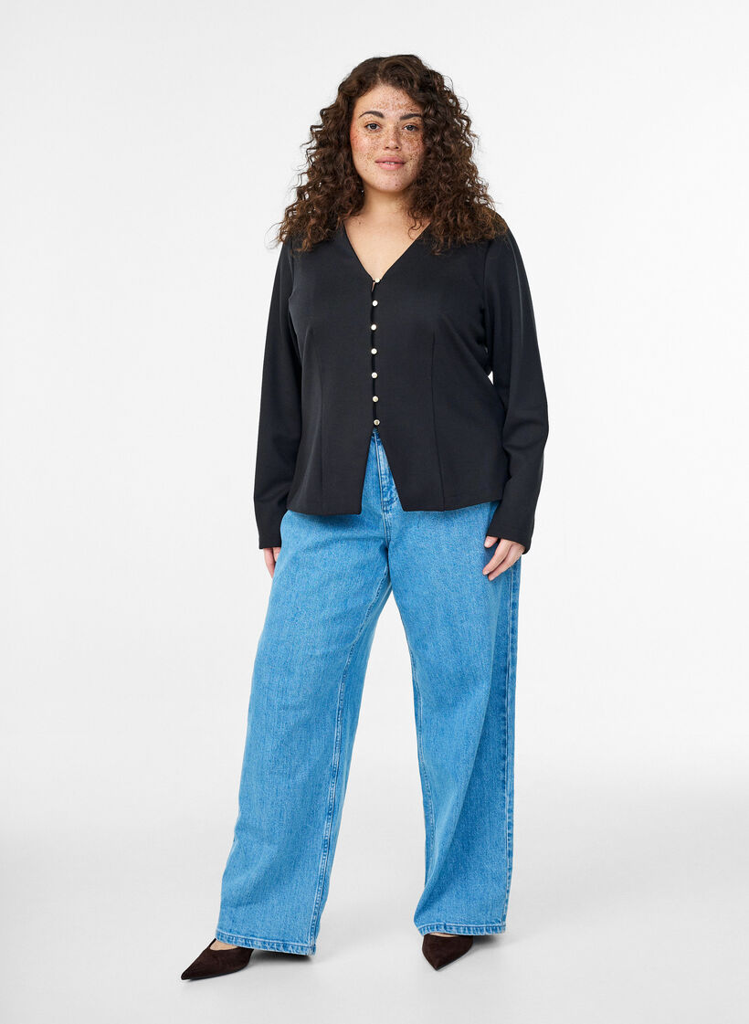 Strickjacke mit V-Ausschnitt und goldfarbenen Knöpfen, Schwarz, Model image number 1