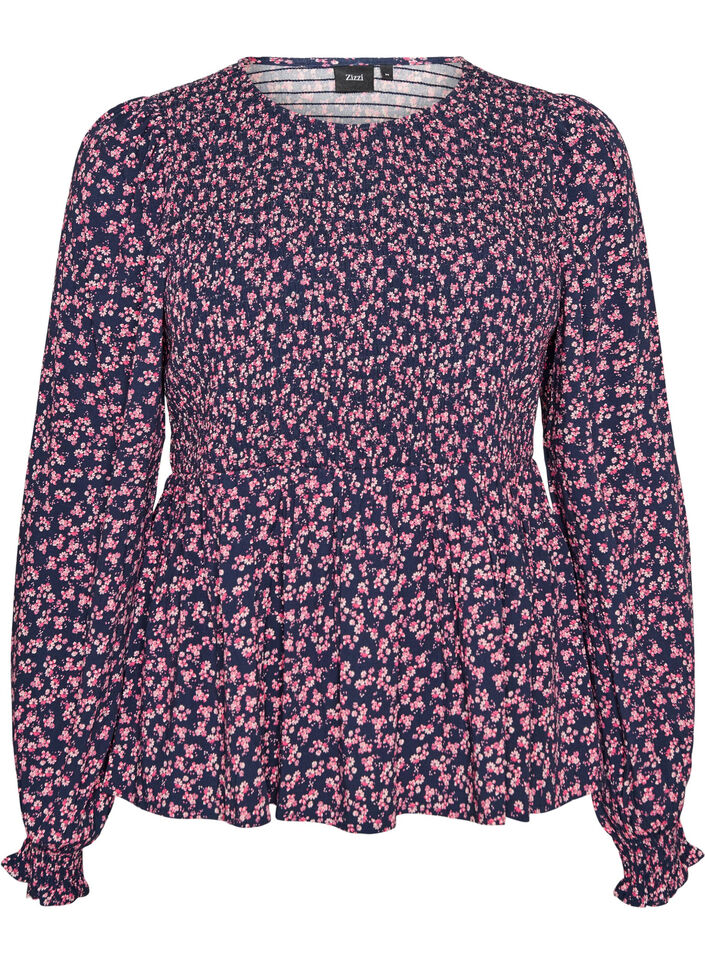 Bluse mit gesmoktem Oberteil und gebl&uuml;mtem Print, Blau, Packshot image number 0