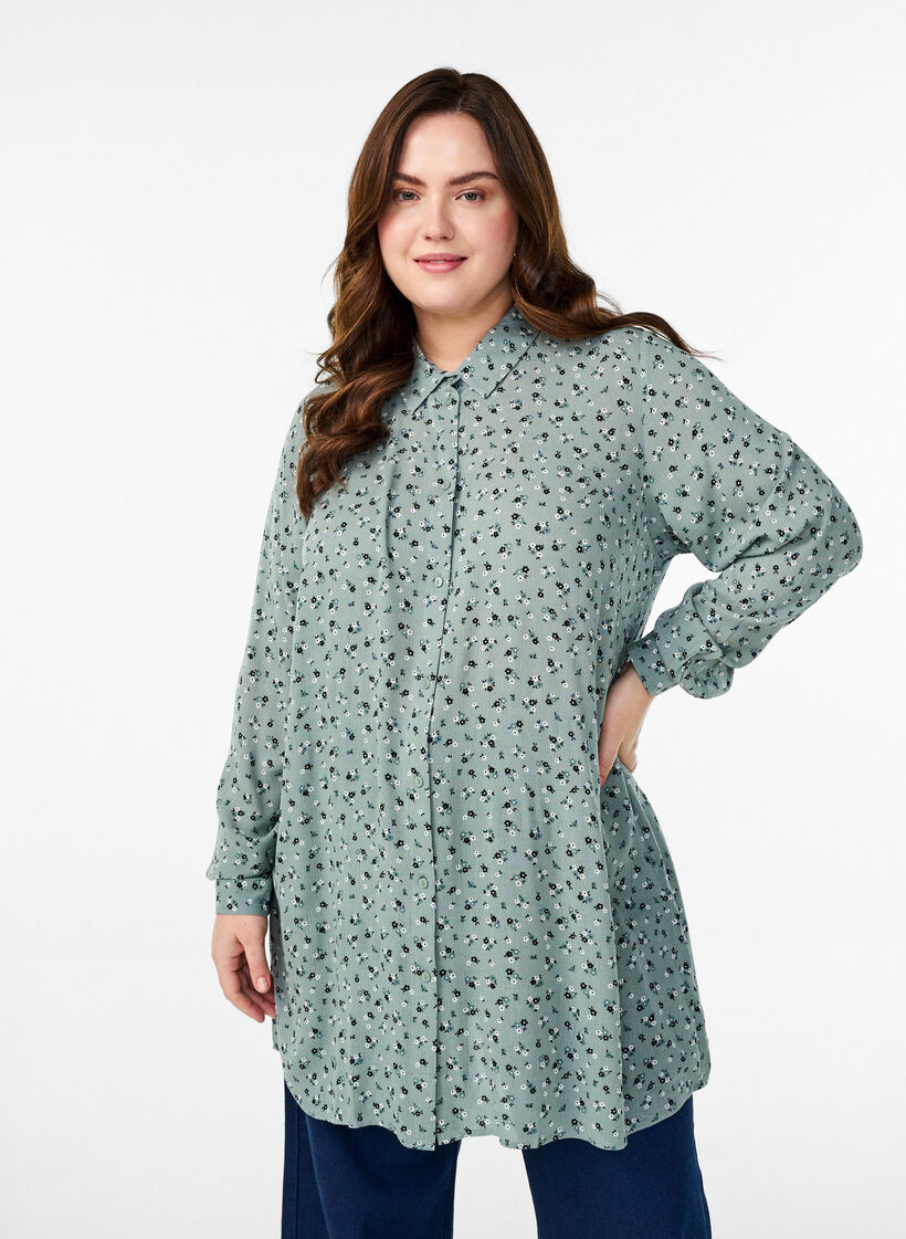 Lange Bluse mit gebl&uuml;mtem Print, Gr&uuml;n, Model image number 0