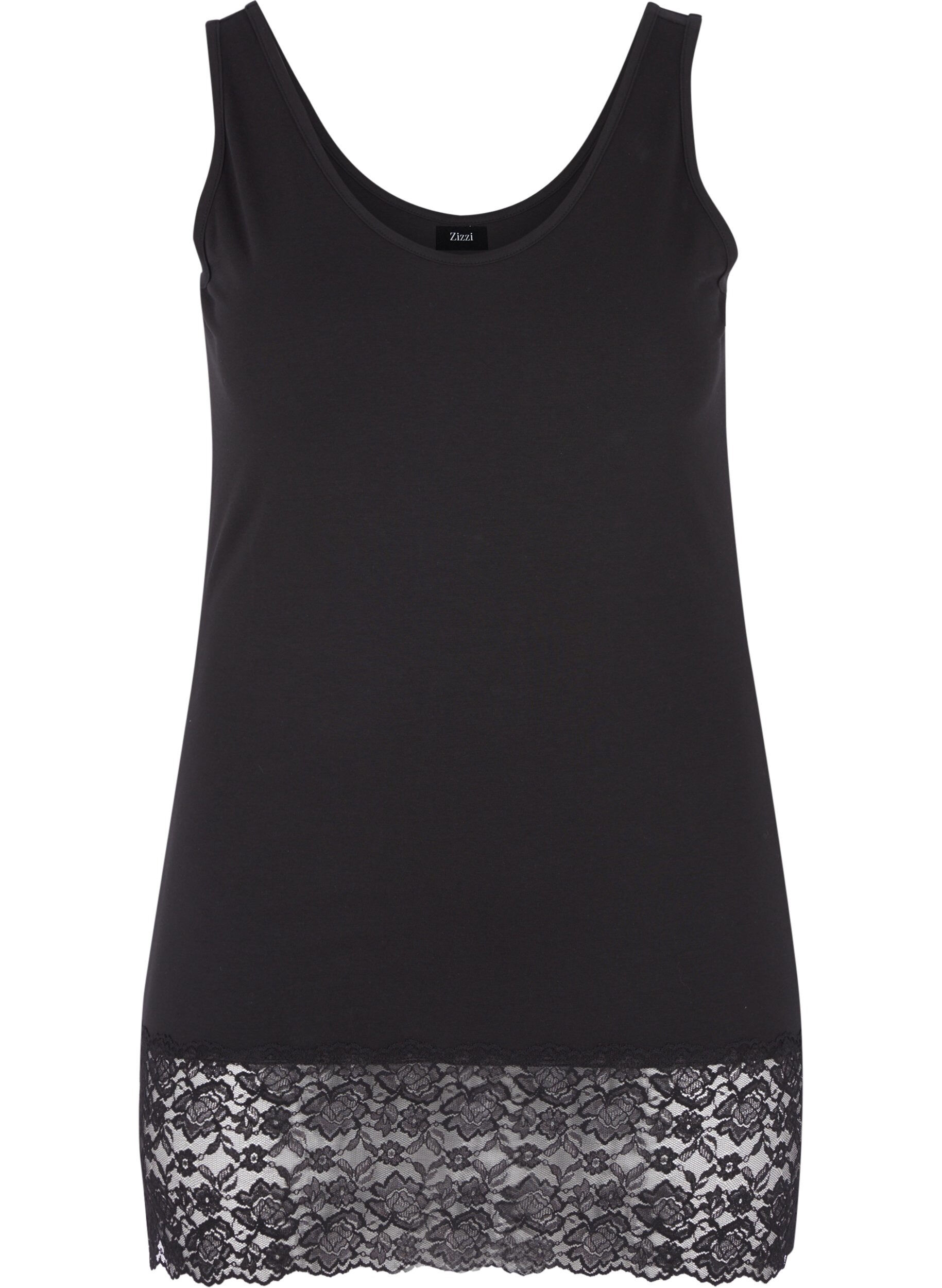 Zizzi Long top en coton avec bordure en dentelle, Black, Packshot image number 0