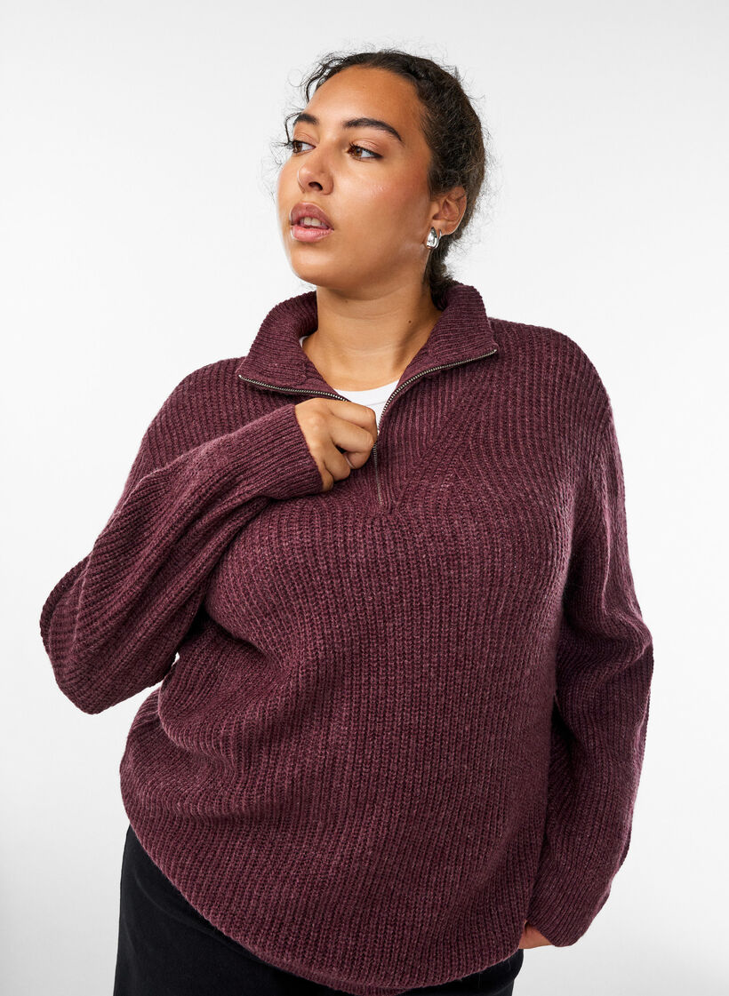 Pull en tricot avec col haut et fermeture &eacute;clair, Bordeaux, Model image number 4