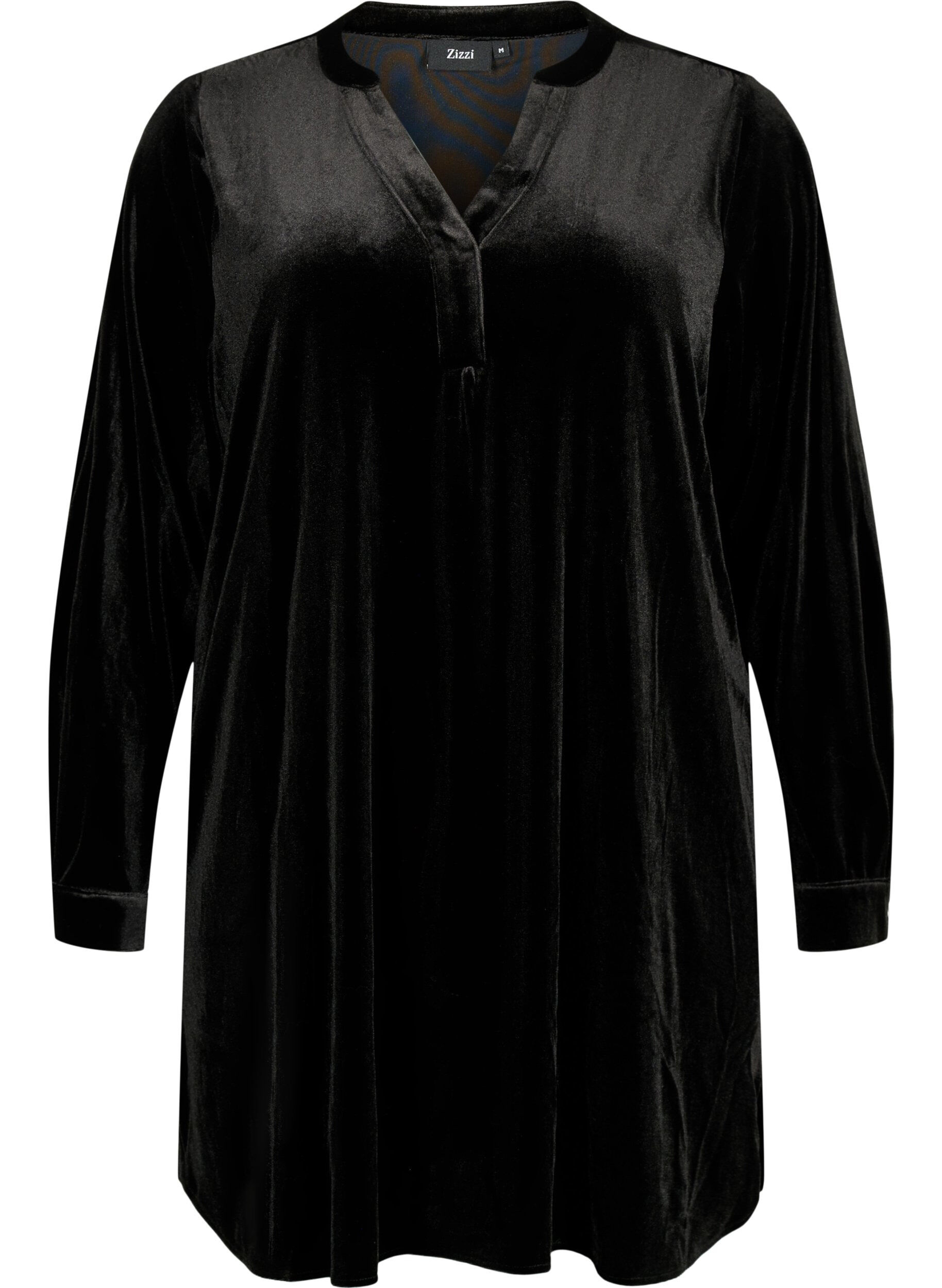 Zizzi Robe en velours &agrave; manches longues avec col en V, Black, Packshot image number 0