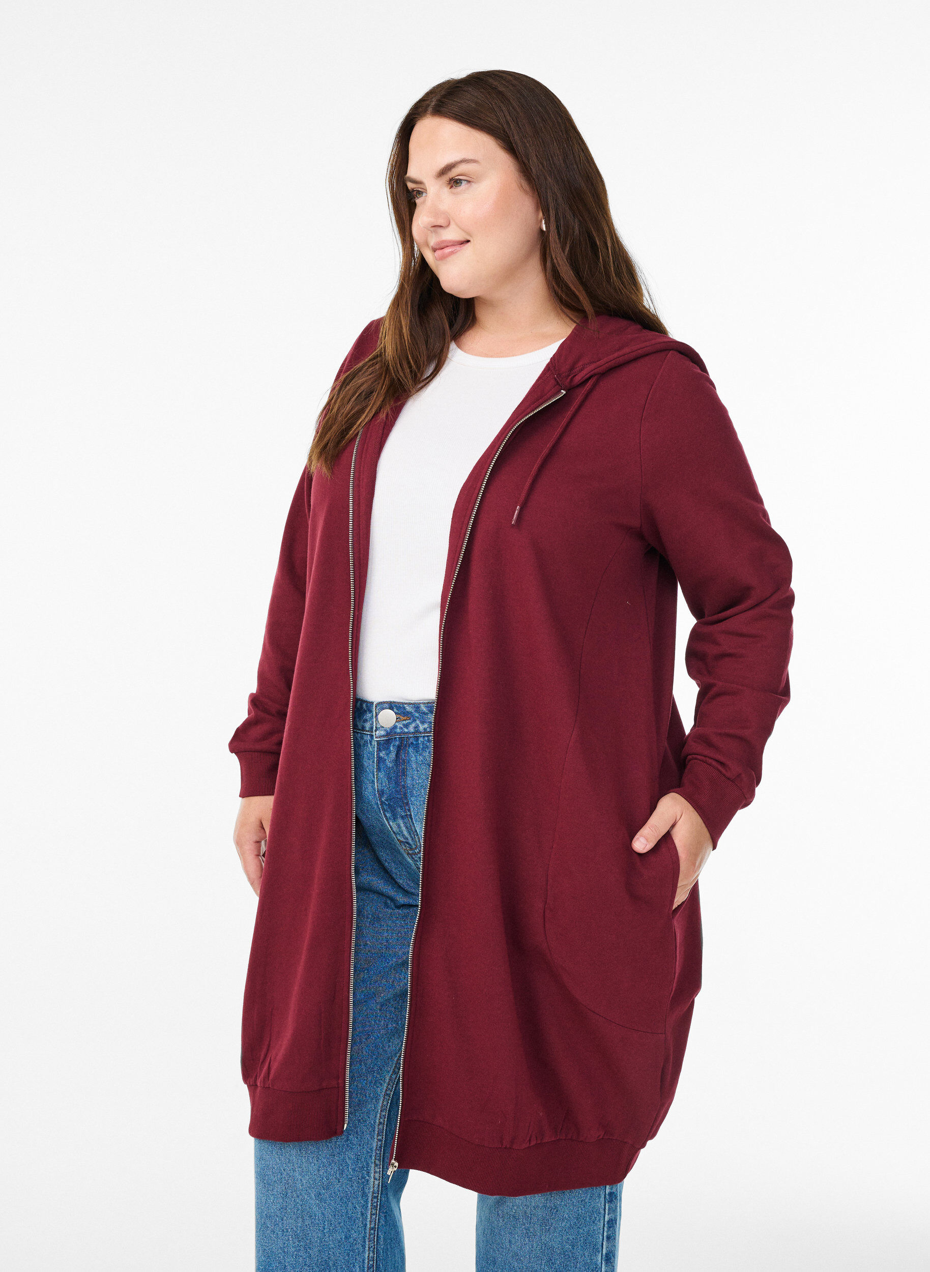 Zizzi Cardigan &agrave; capuche en coton molletonn&eacute;, Bordeaux fonc&eacute;, Model image number 0