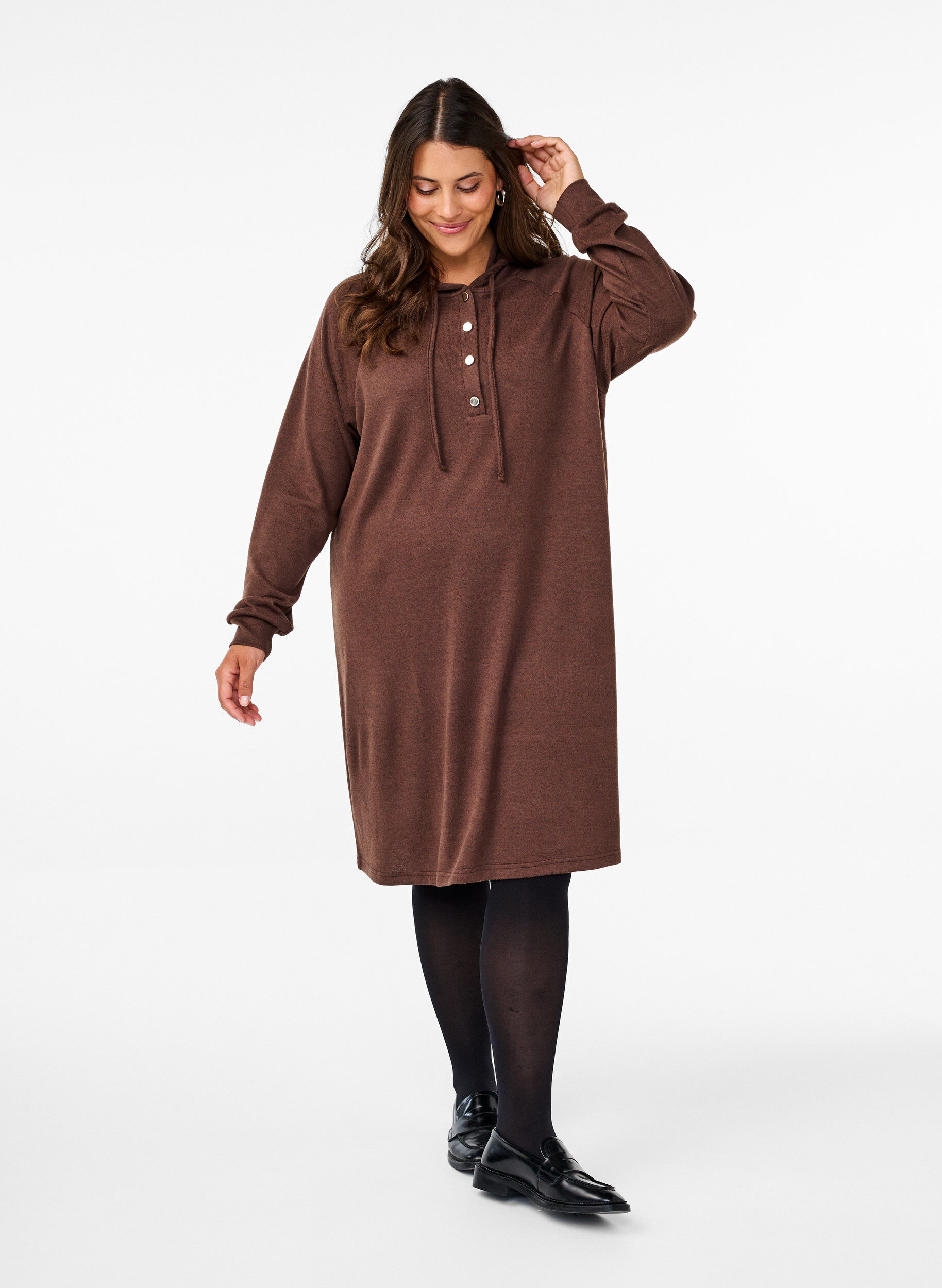 Zizzi Langarm-Sweatkleid mit Kapuze, Chocolate M. M&eacute;l., Model image number 2