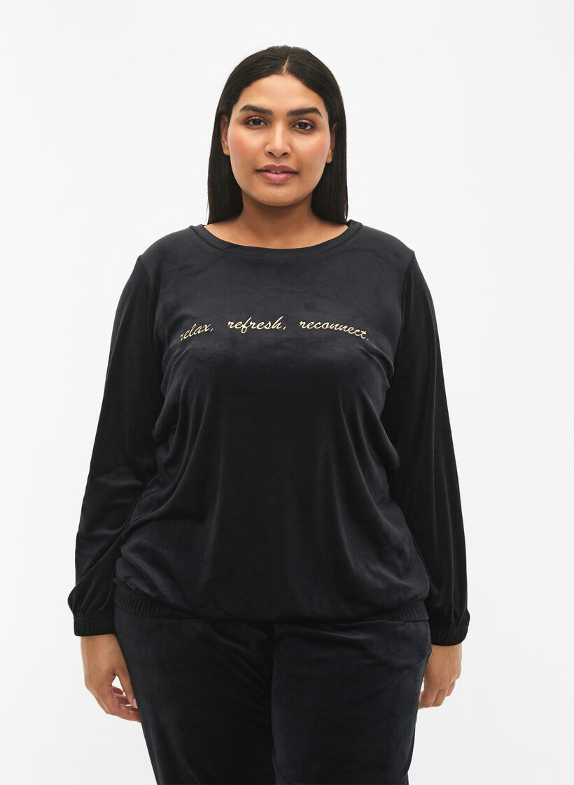 Blouse en velours avec texte brodé, Black, Model image number 0
