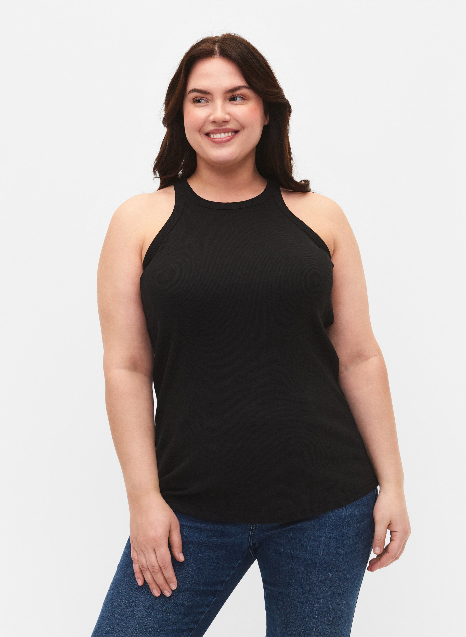 Zizzi Geripptes Tanktop aus Baumwolle, Black, Model image number 0