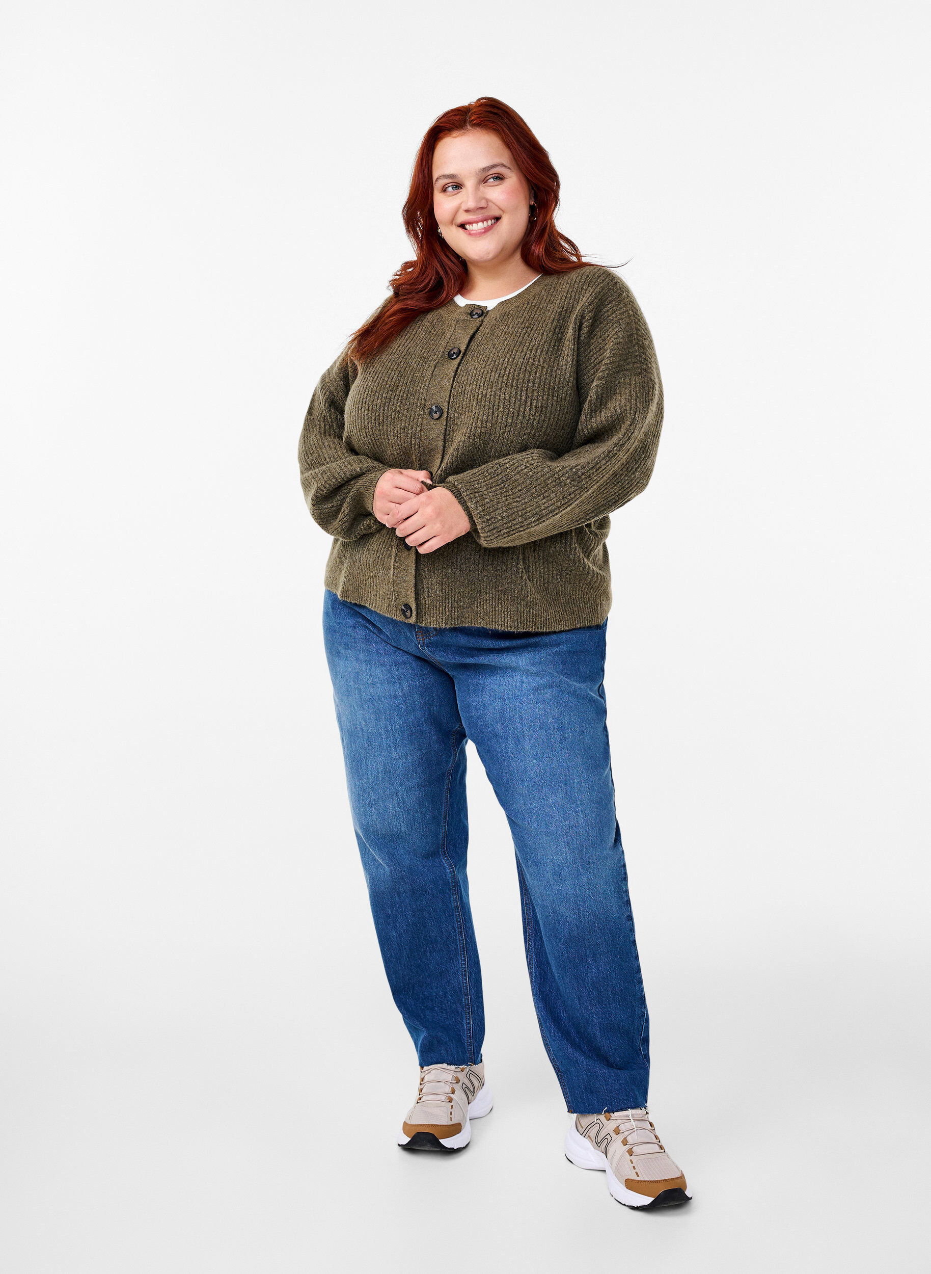 Zizzi Rippenstrick Strickjacke mit Kn&ouml;pfen, Gr&uuml;n, Model image number 1