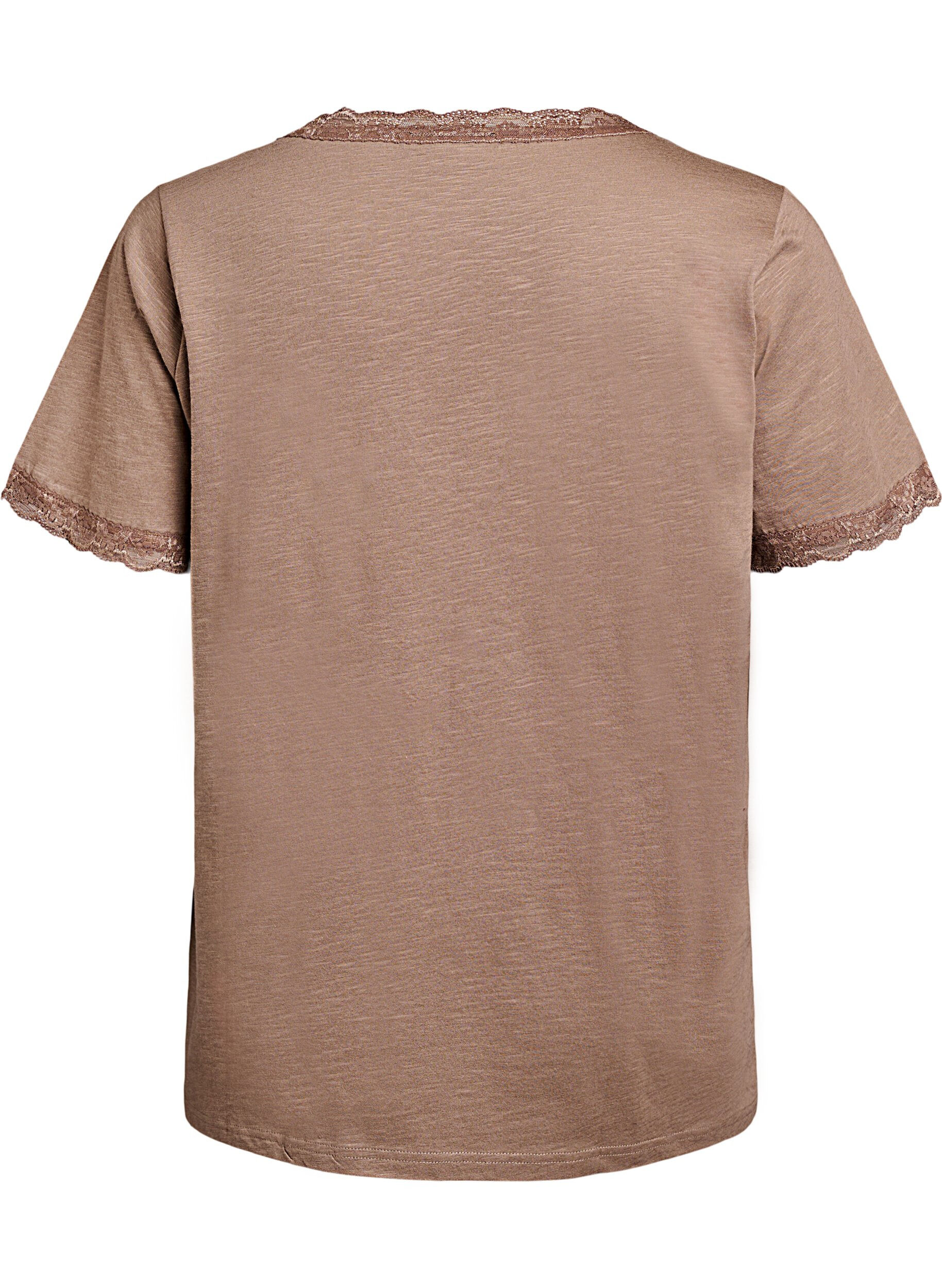 Zizzi T-Shirt mit Spitzensaum, Braun, Packshot image number 1