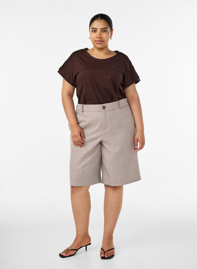 T-shirt en coton avec d&eacute;tails en crochet, Marron, Model image number 1